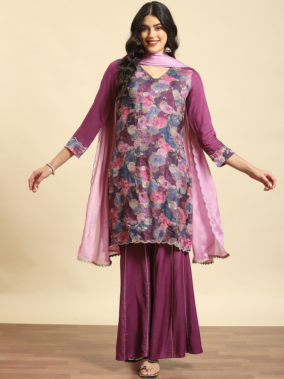 

Shree Printed Sequinned Kurta with Sharara & Dupatta, Purple