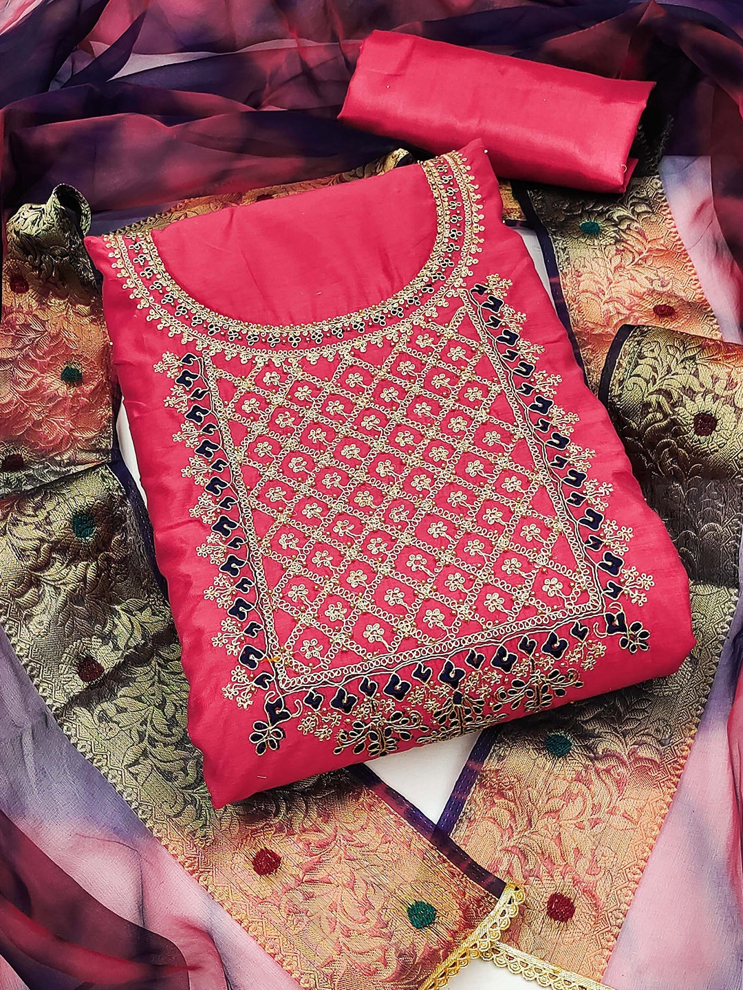 

KIMISHA Floral Embroidered Beads & Stones Unstitched Dress Material, Pink