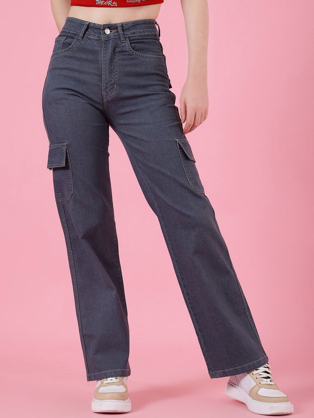 

4WRD by Dressberry Women Classic High-Rise Cargo Styles Jeans, Grey