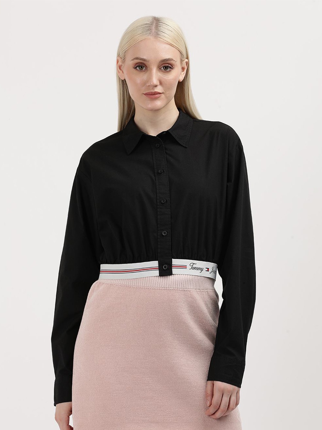 

Tommy Hilfiger Women Spread Collar Solid Organic Cotton Casual Shirt, Black