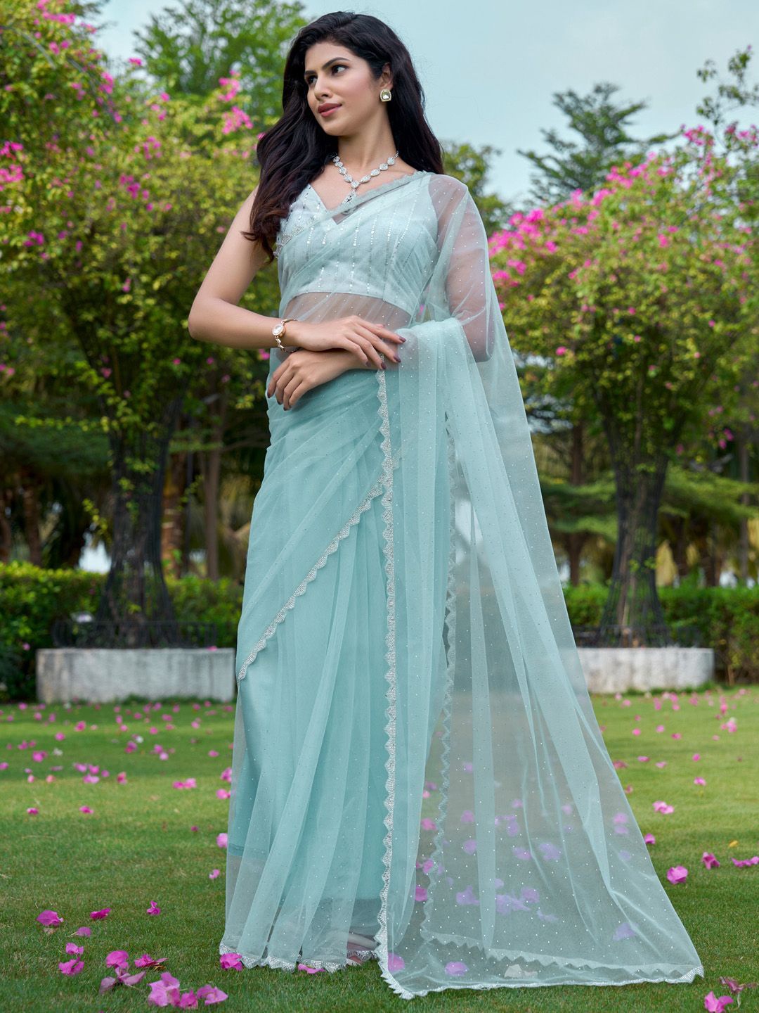 

Anouk Embellished Beads and Stones Net Saree, Blue