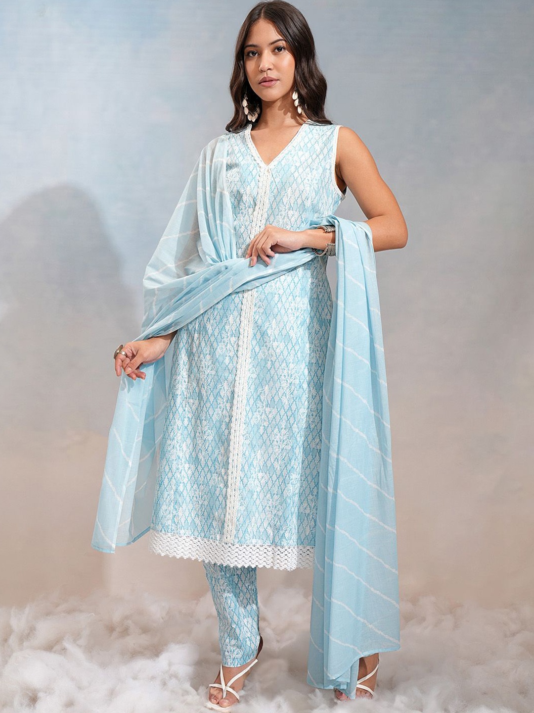 

Vishudh Flral Printed Sleeveles Pure Cotton A Line Kurta & Trousers With Dupatta, Blue