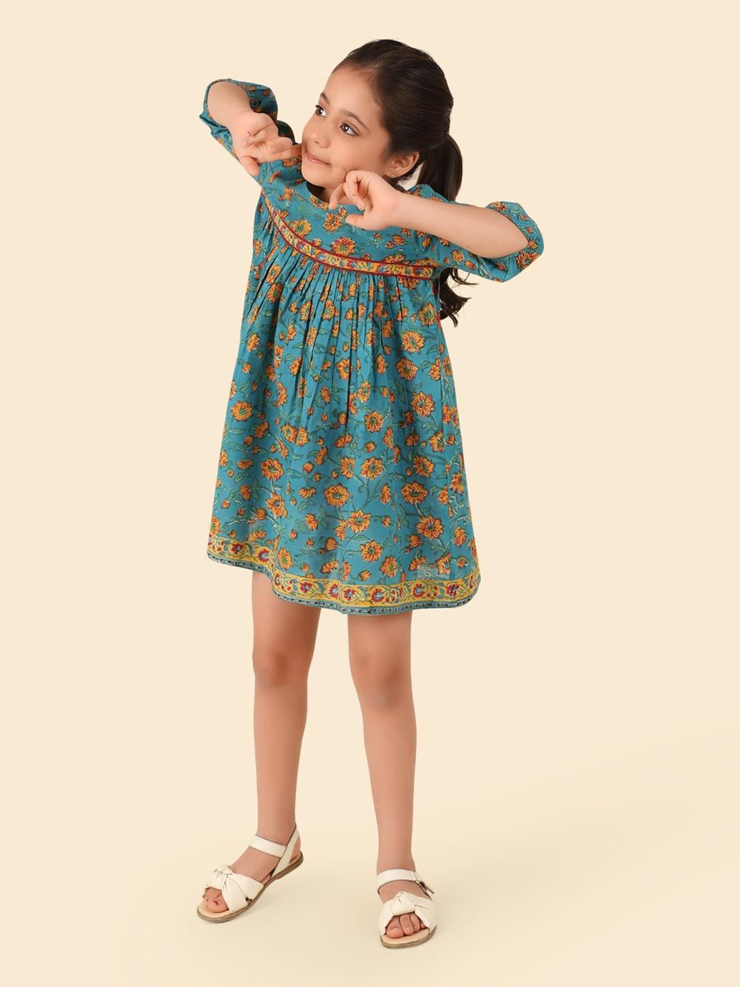 

Fabindia Floral Printed Cotton Empire Dress, Teal
