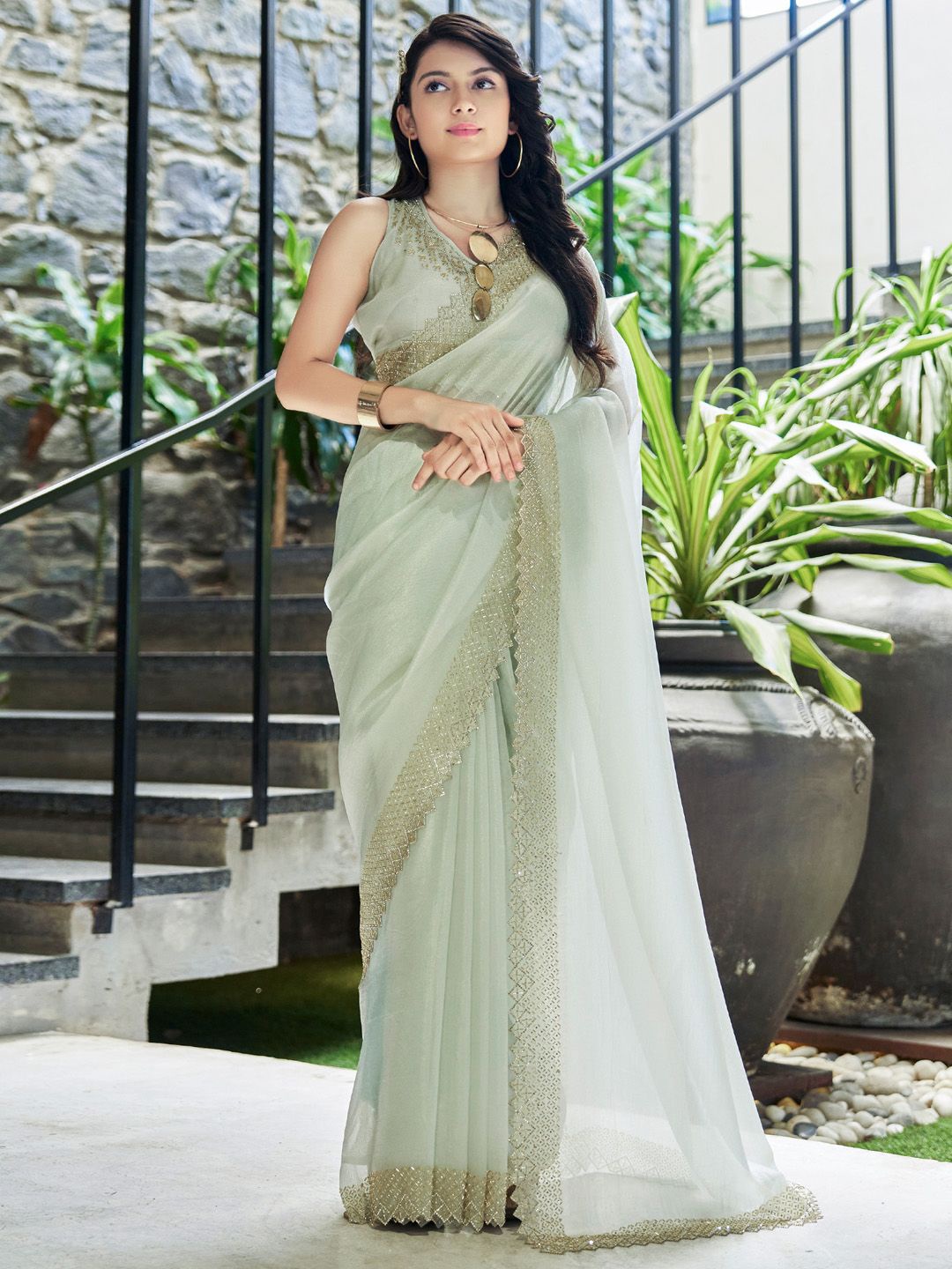 

Anouk Embellished Aari Work Organza Saree, Sea green