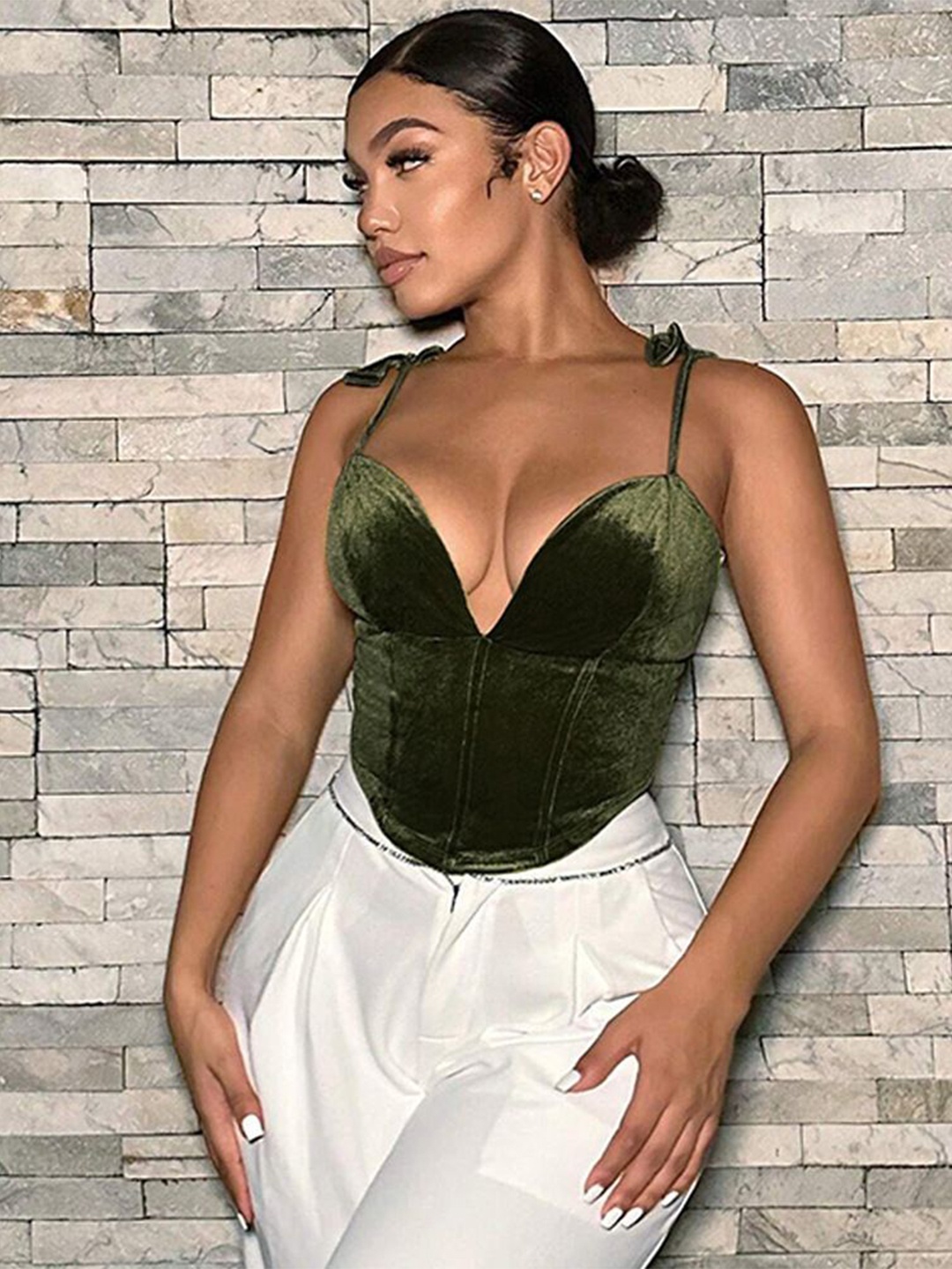 

StyleCast Women Solid Shoulder Straps Poly Silk Top, Green