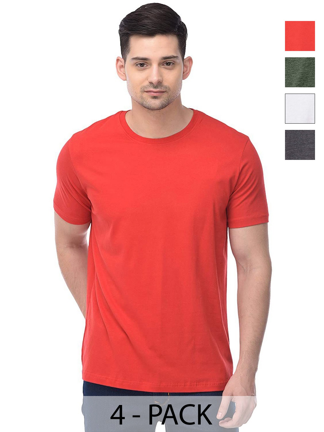 

COLOR CAPITAL Unisex Pack Of 4 Solid Round Neck Cotton T-shirts, Orange