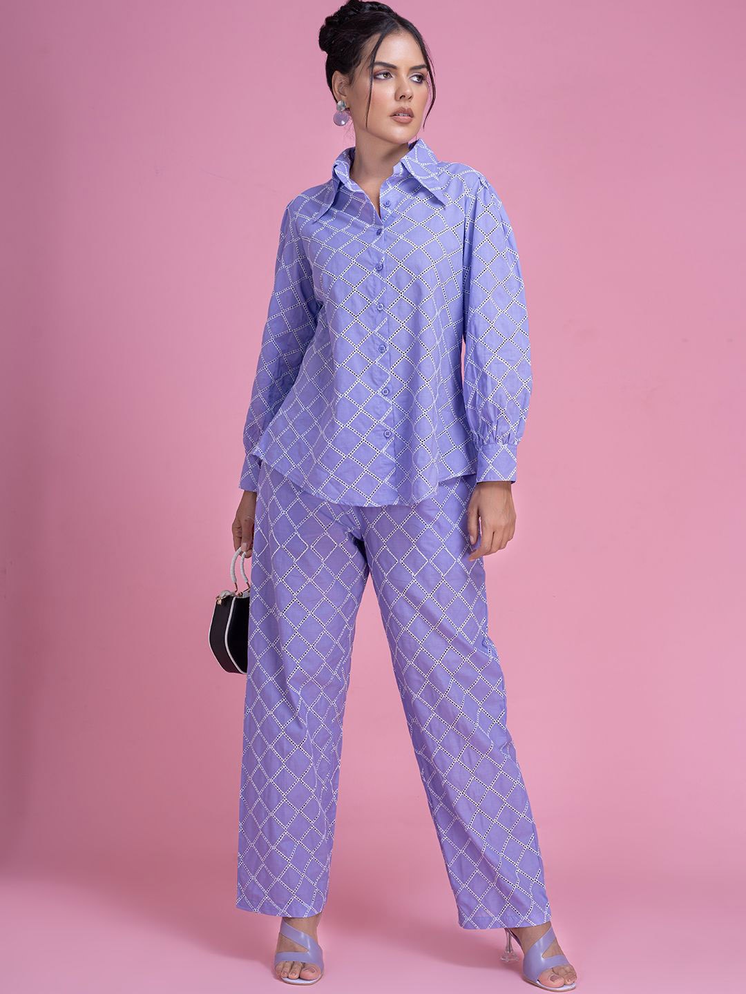 

Lounge Dreams Embroidered Pure Cotton Schiffli Shirt & Trouser, Purple