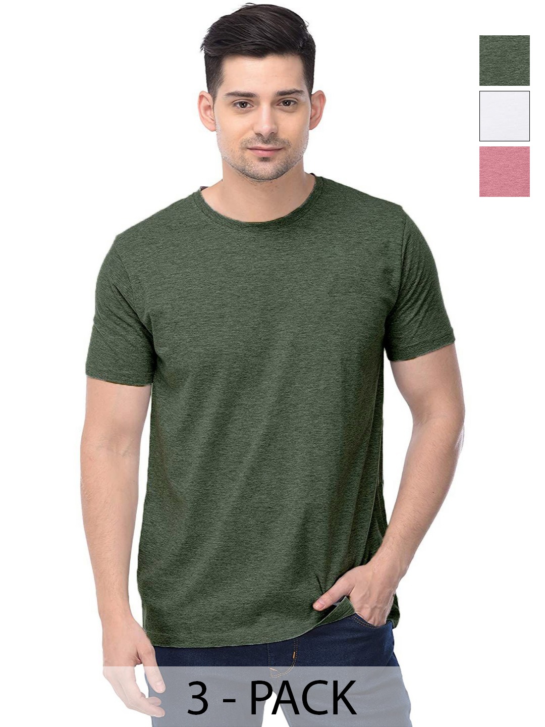 

COLOR CAPITAL Unisex Pack Of 3 Solid Round Neck Cotton T-shirts, Olive