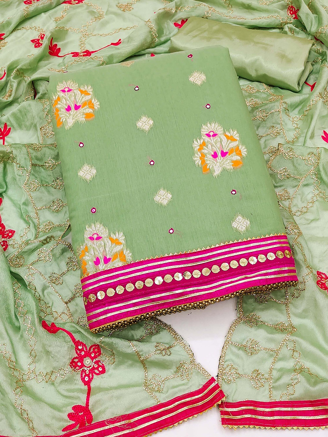 

KIMISHA Floral Woven Design Mirror Work Unstitched Dress Material, Green