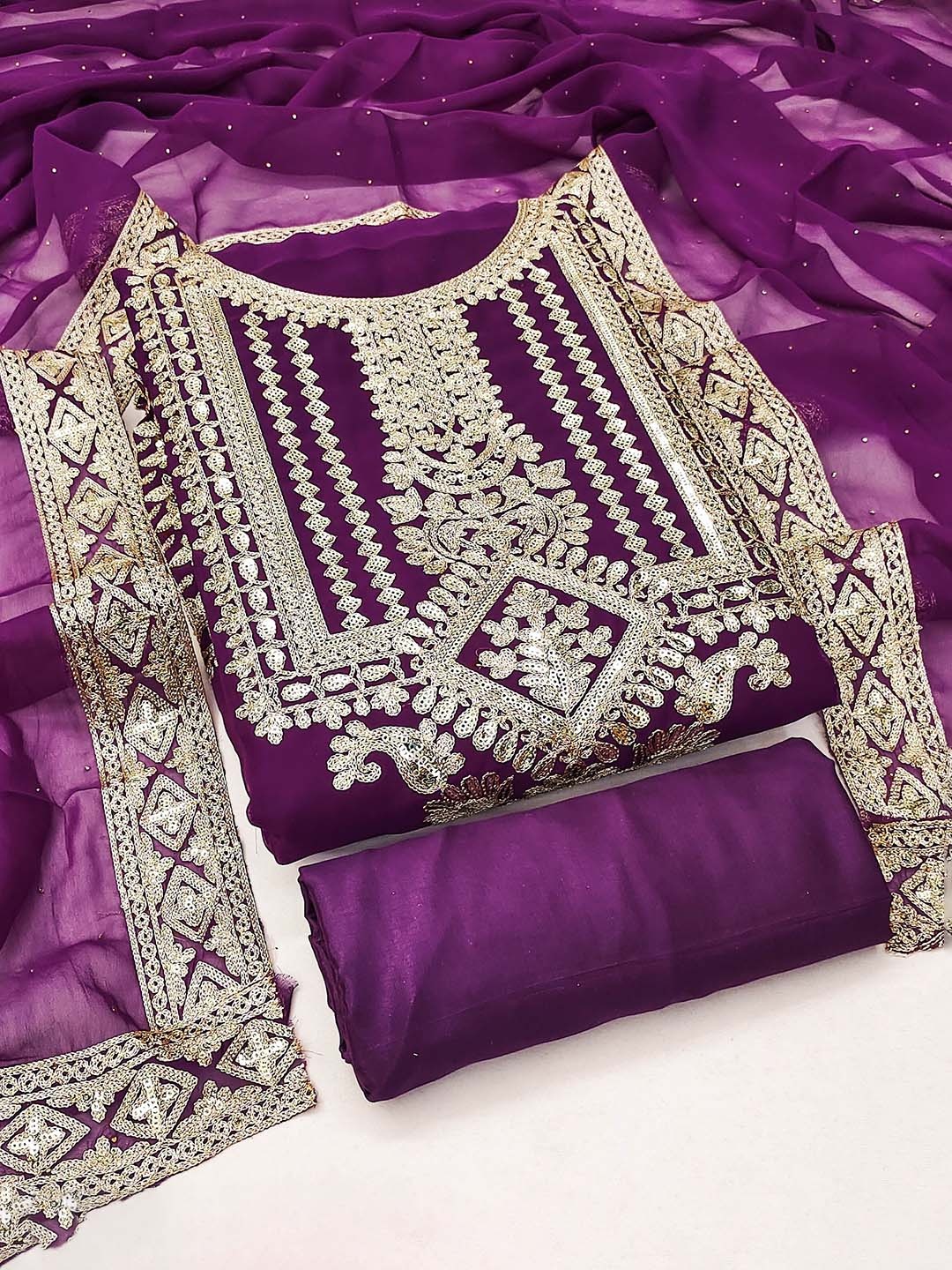 

MANVAA Floral Embroidered Unstitched Dress Material, Purple