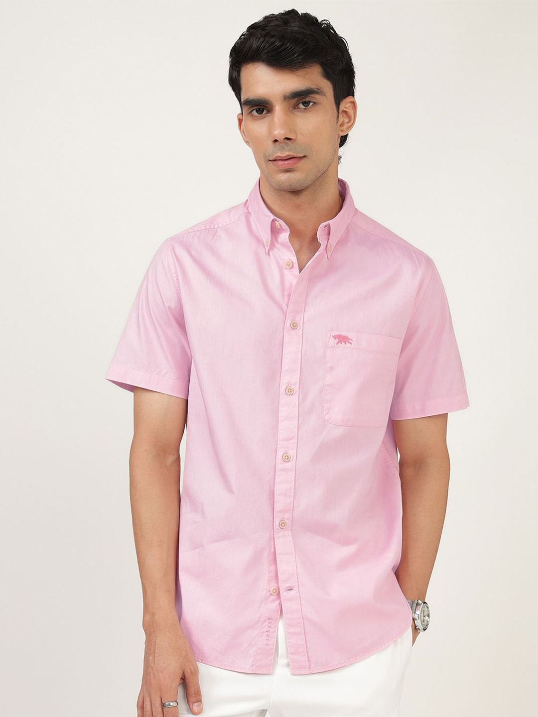 

Andamen Men Premium Button-Down Collar Solid Cotton Slim Fit Casual Shirt, Pink