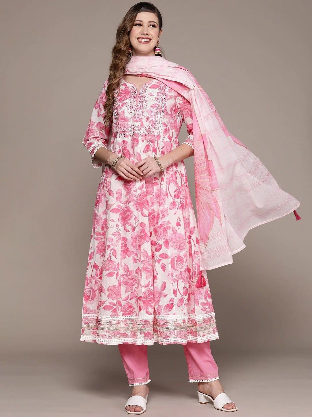 

Parth Fab Floral Printed V-Neck Mirror Work Anarkali Kurta with Trousers & Dupatta, White