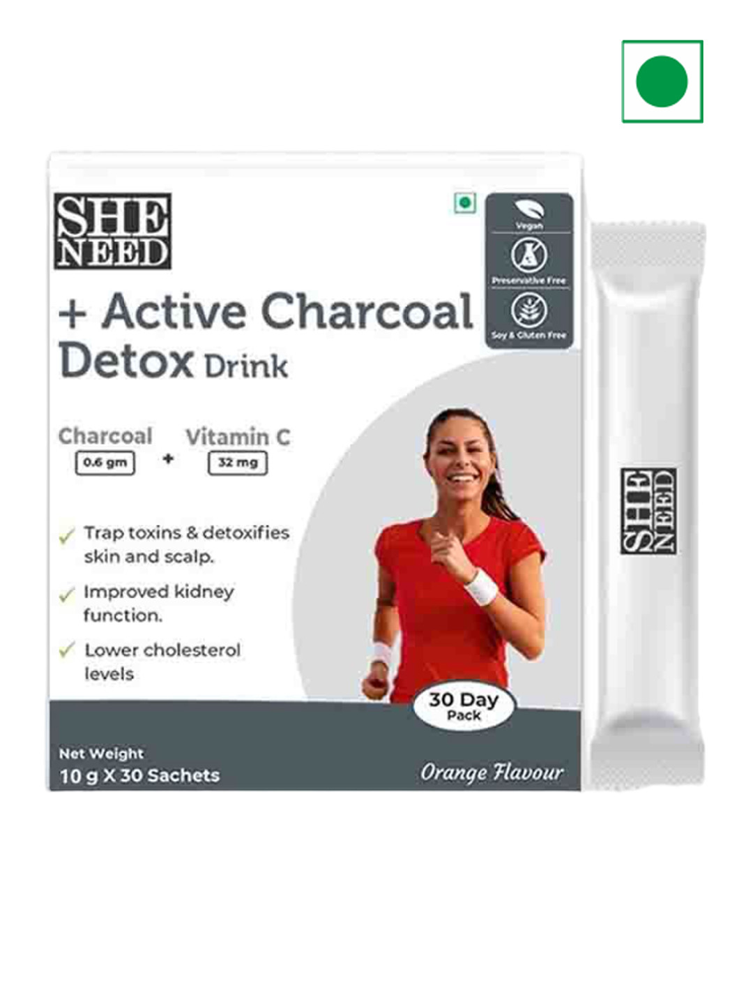

SHENEED Women +Active Charcoal Detox Drink - Orange Flavour - 30 Sachets, White