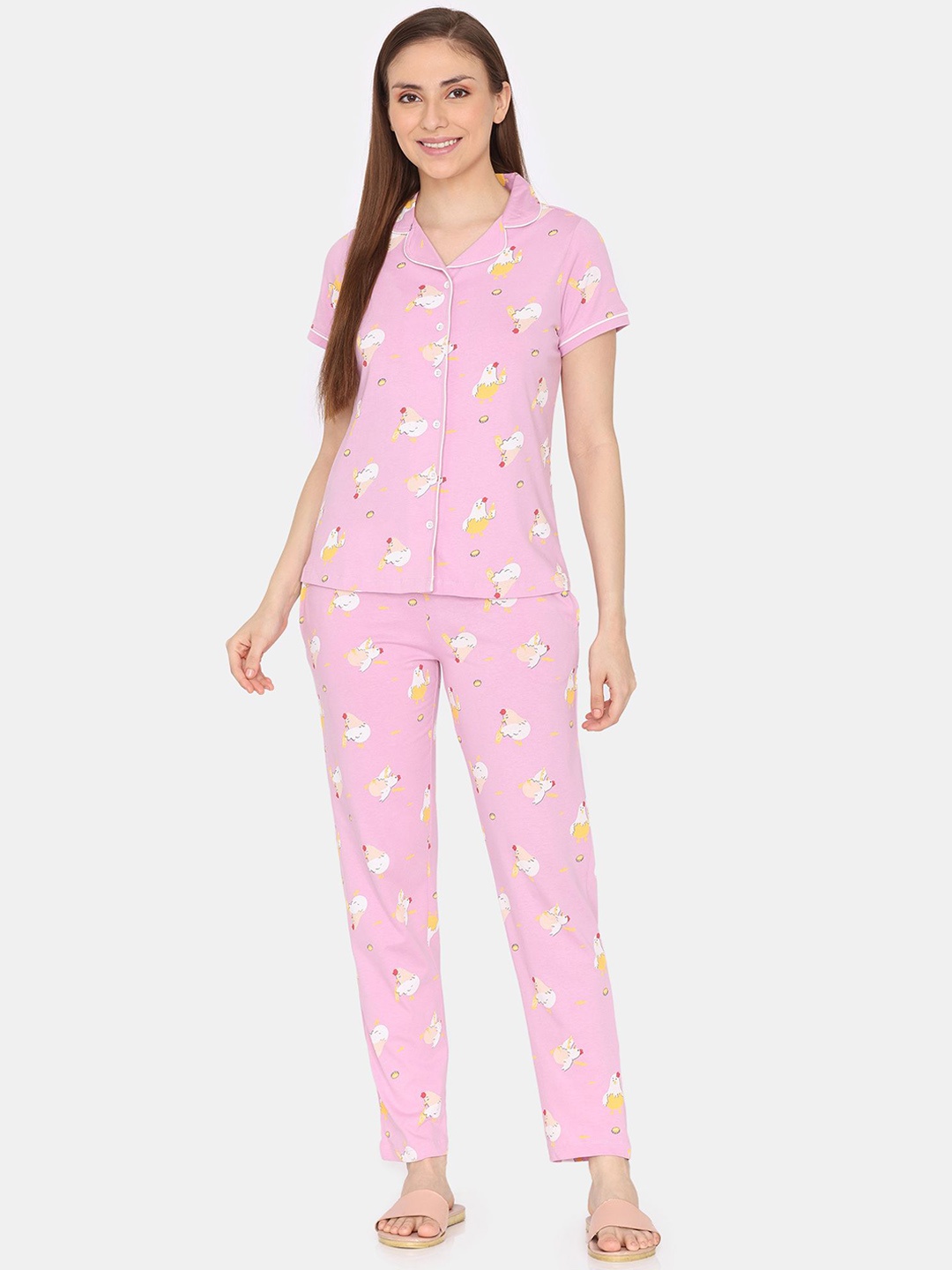 

Zivame Women Printed Shirt Collar Night suit, Pink