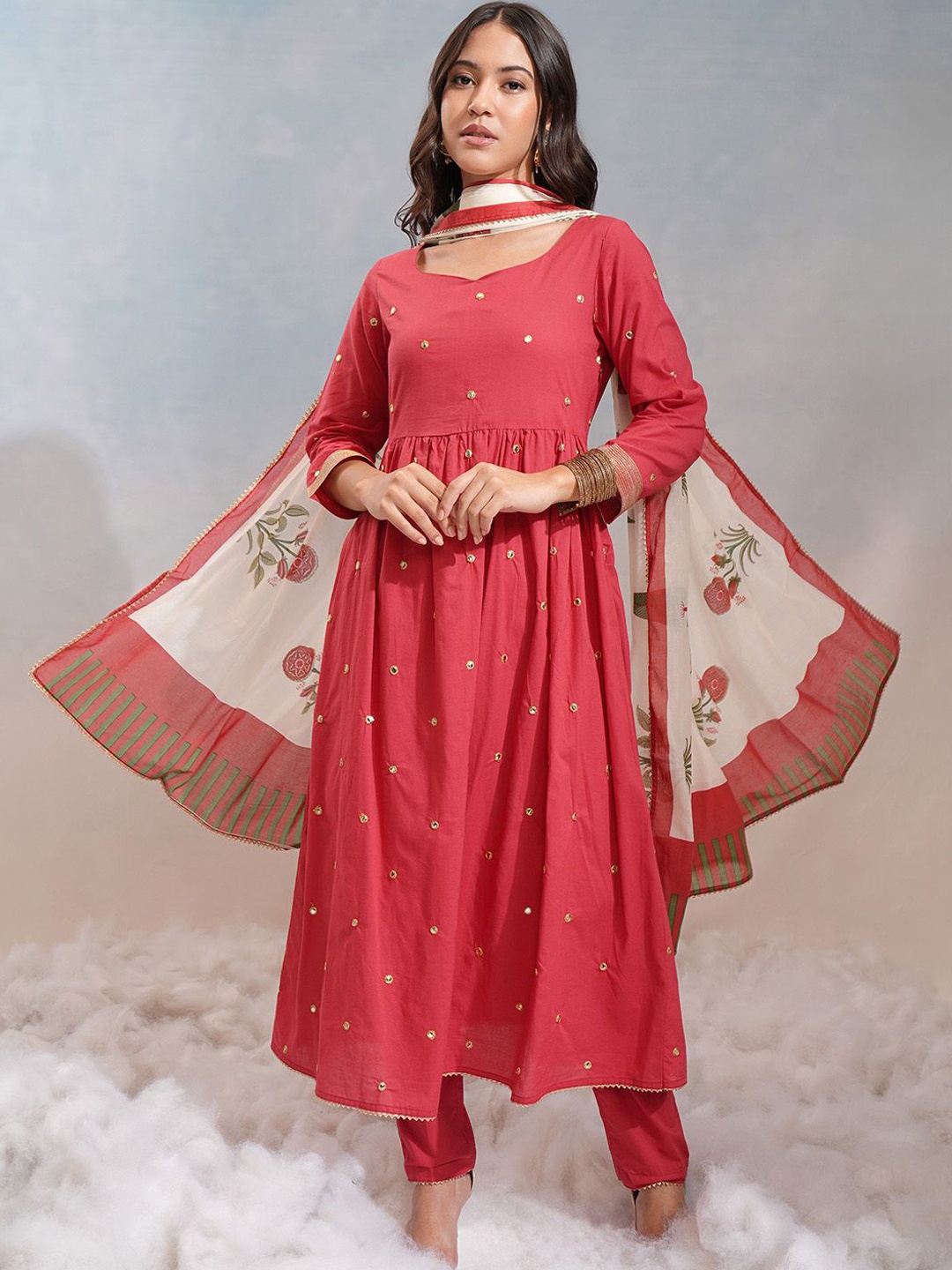 

Vishudh Embroidered Thread Work Pure Cotton Kurta with Trousers & Dupatta, Rust