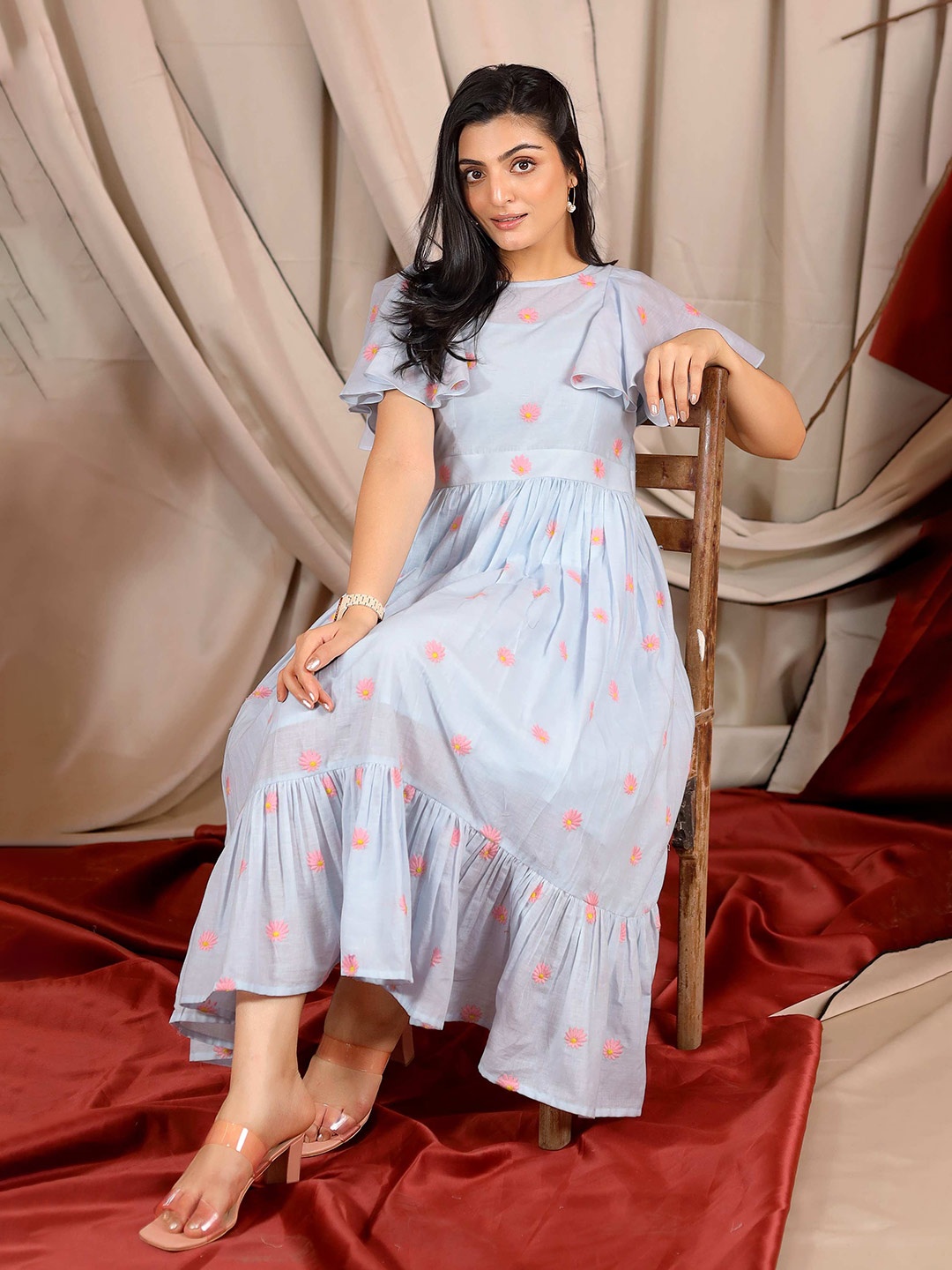 

Bullion Knot Floral Flared Sleeve Ruffled Formal Fit & Flare Maxi Dress, Blue