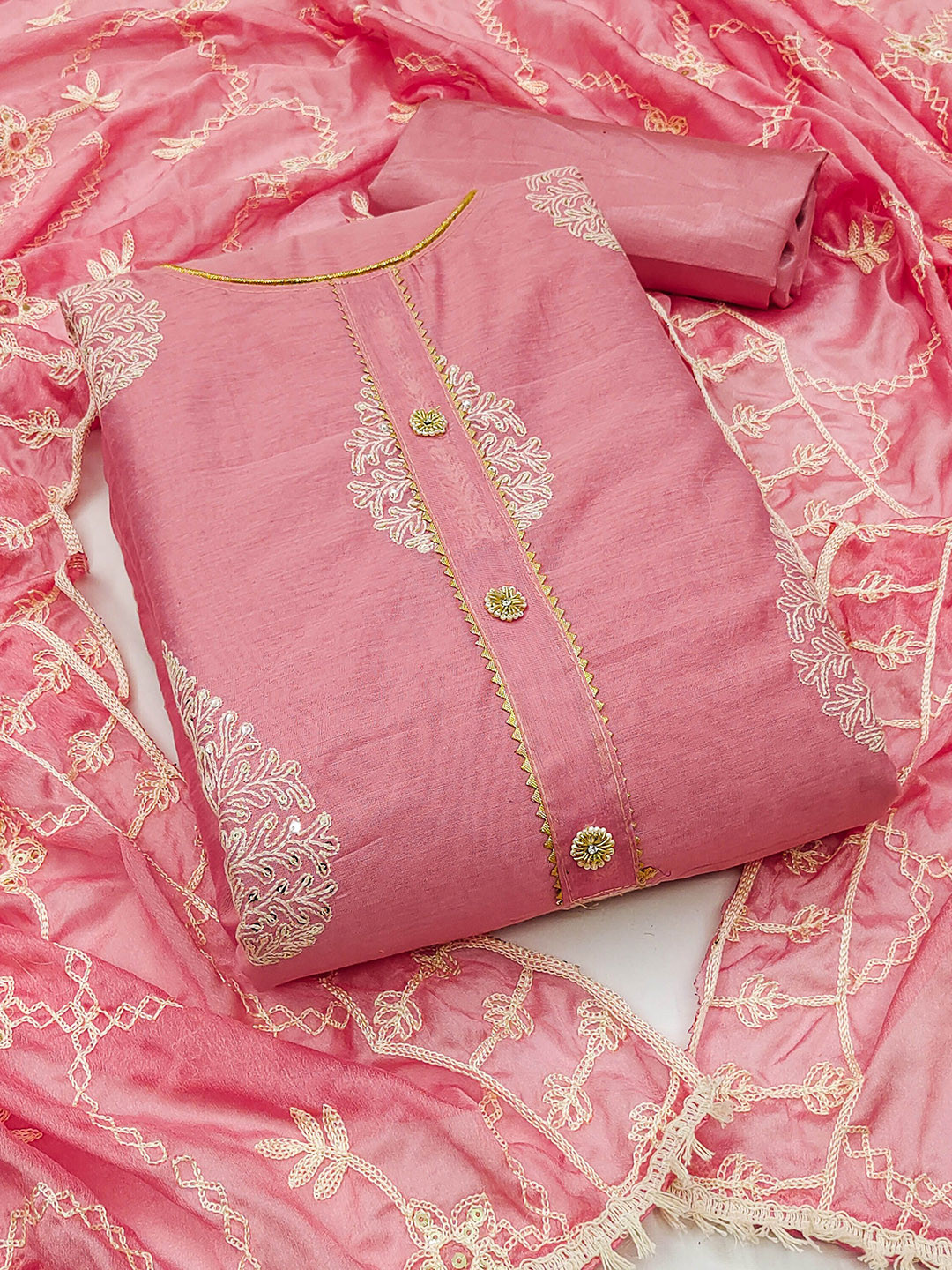 

KIMISHA Floral Embroidered Sequinned Unstitched Dress Material, Pink