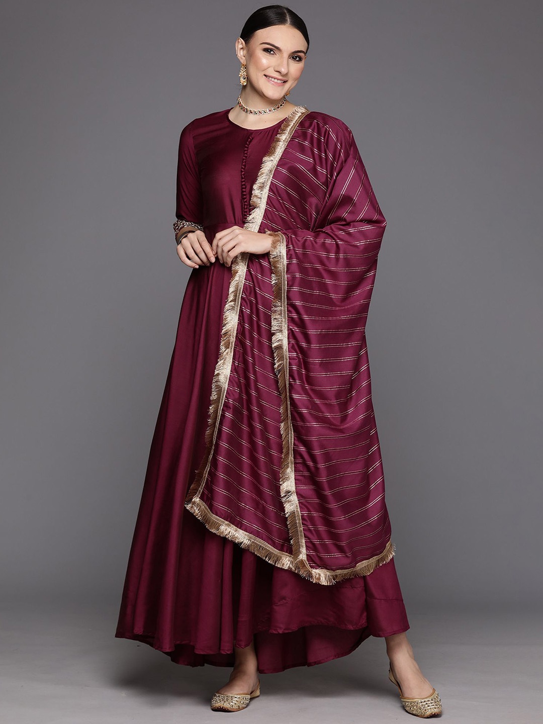 

Indo Era Round Neck A-Line Liva Kurta With Trousers & Dupatta, Burgundy