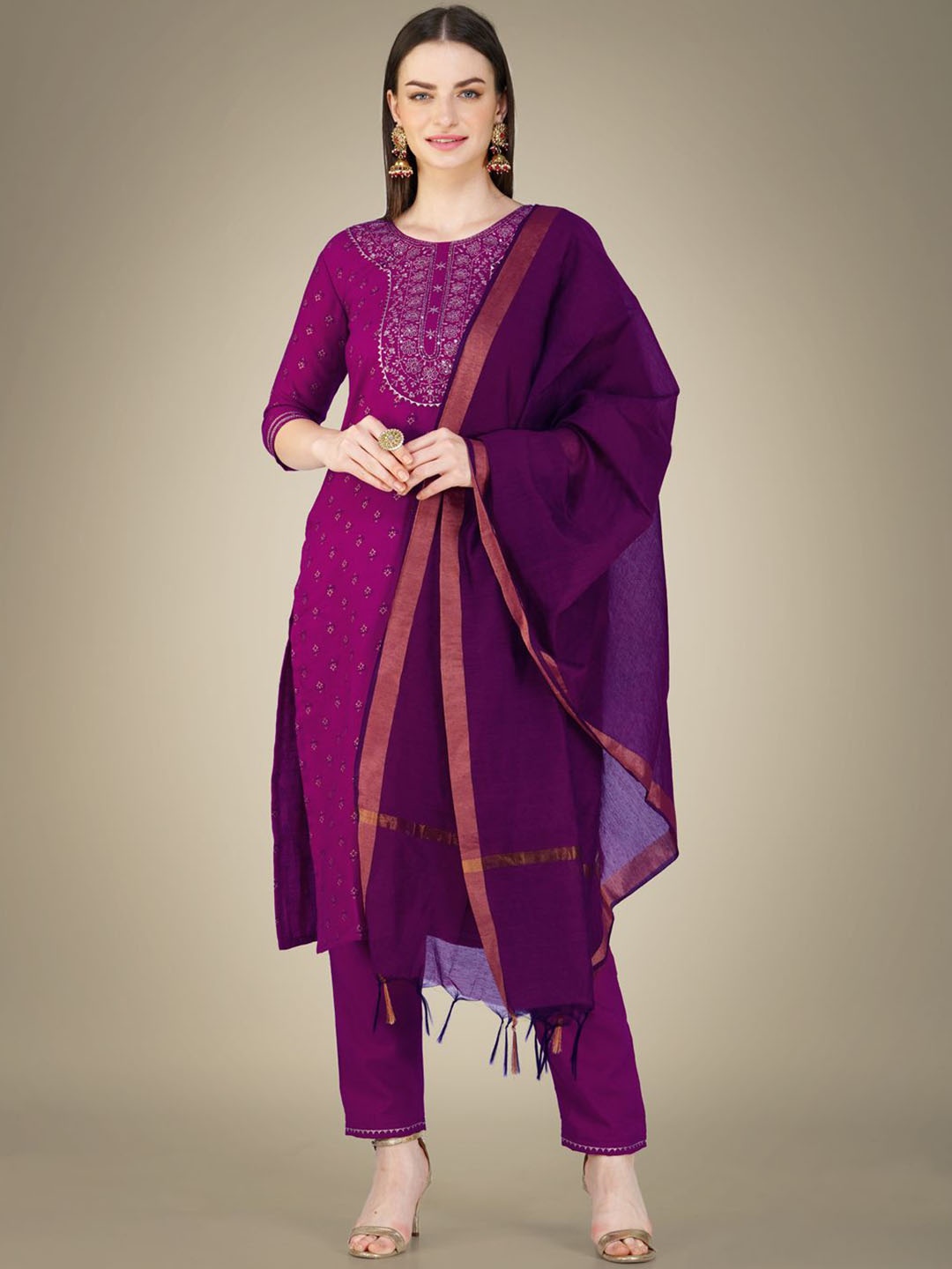 

Rujave Floral Embroidered Sequinned Straight Kurta With Trousers & Dupatta, Purple