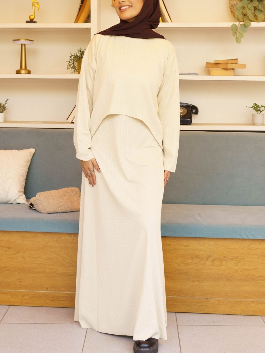 

Modest Essentials Sleeveless Maxi Dress with Full Sleeve Top, Off white