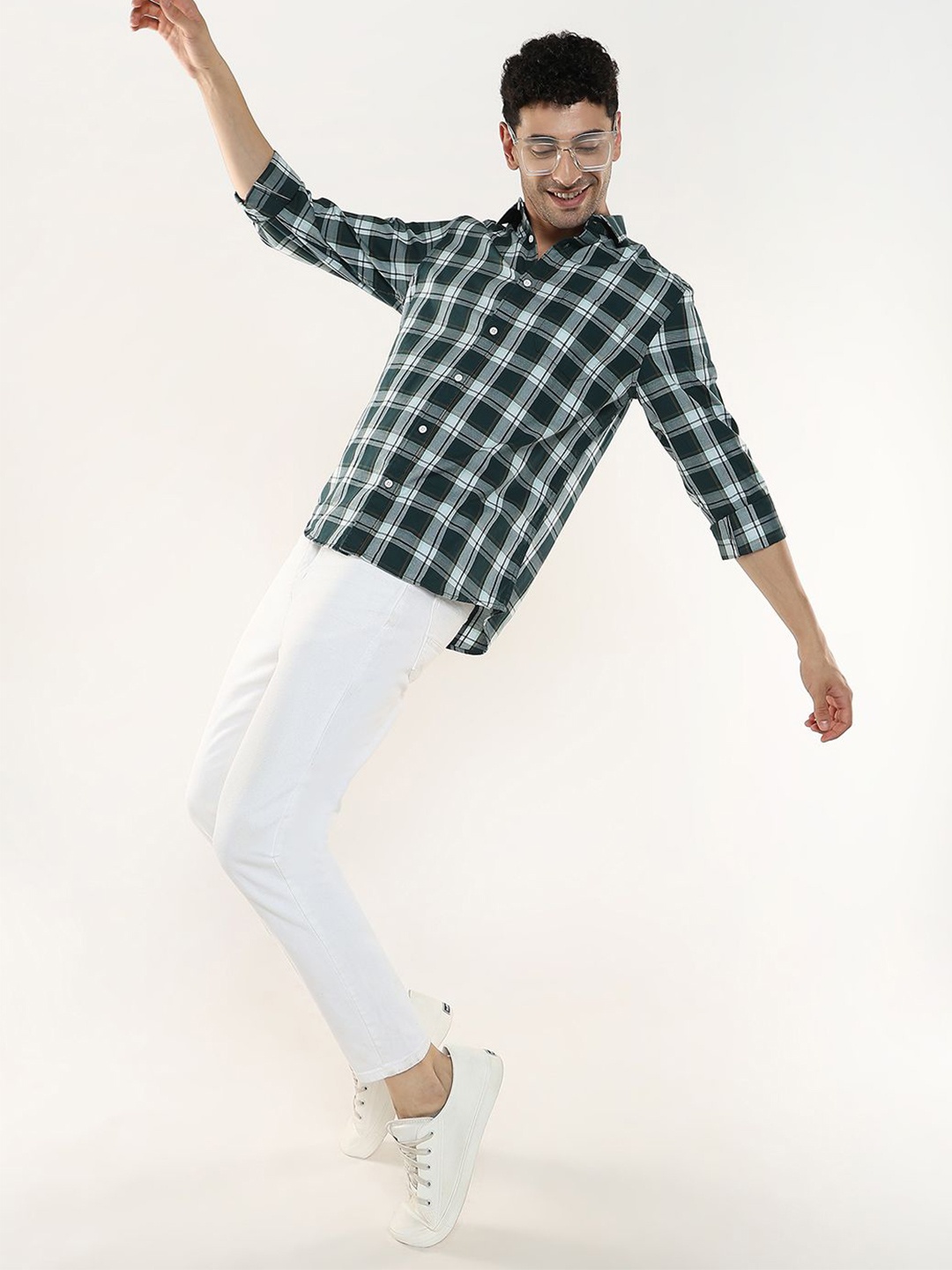 

R&B Men Spread Collar Tartan Checked Cotton Casual Shirt, Green