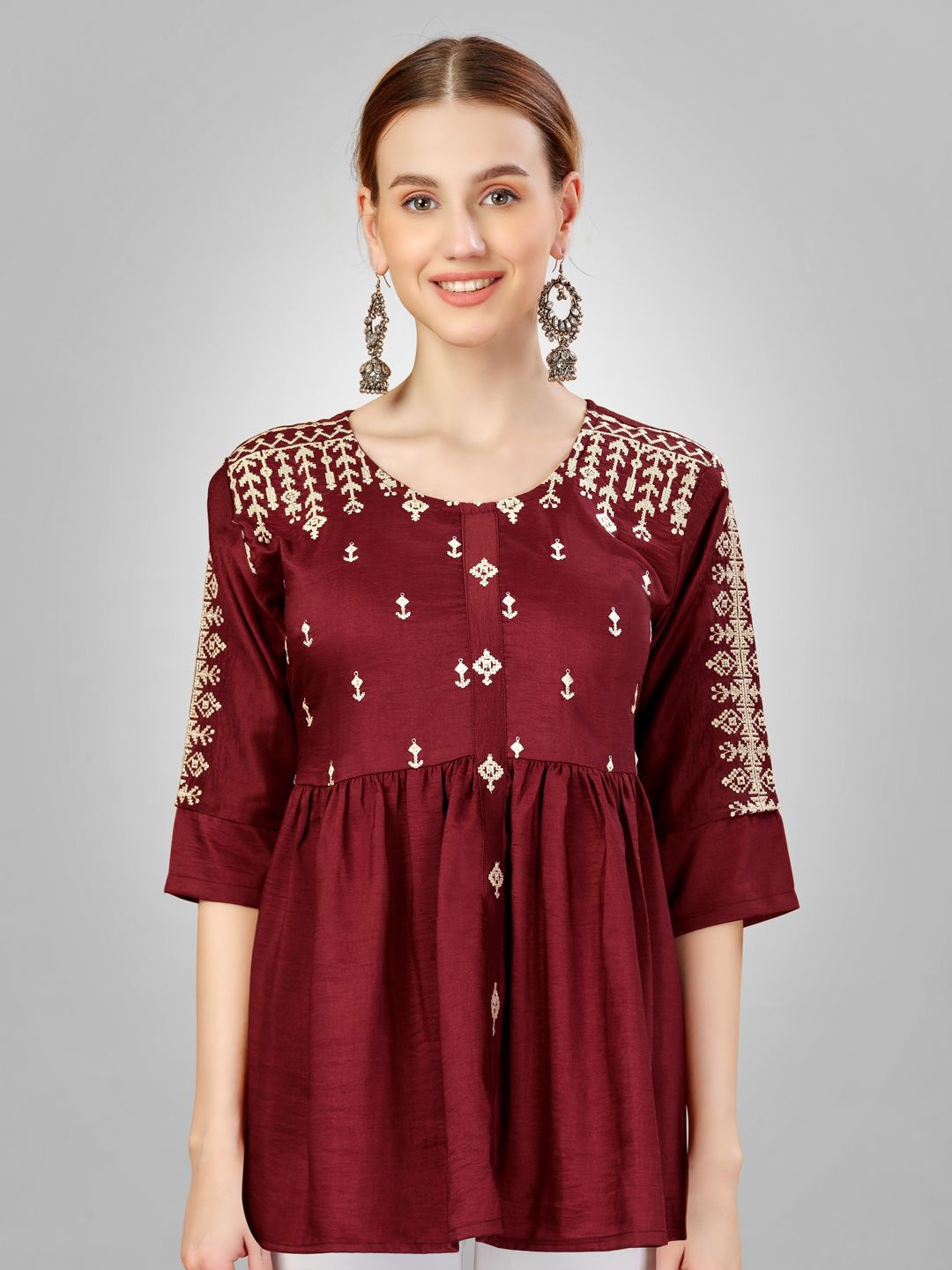 

WILNERCROWN Women Ethnic Motifs Round Neck Top, Maroon