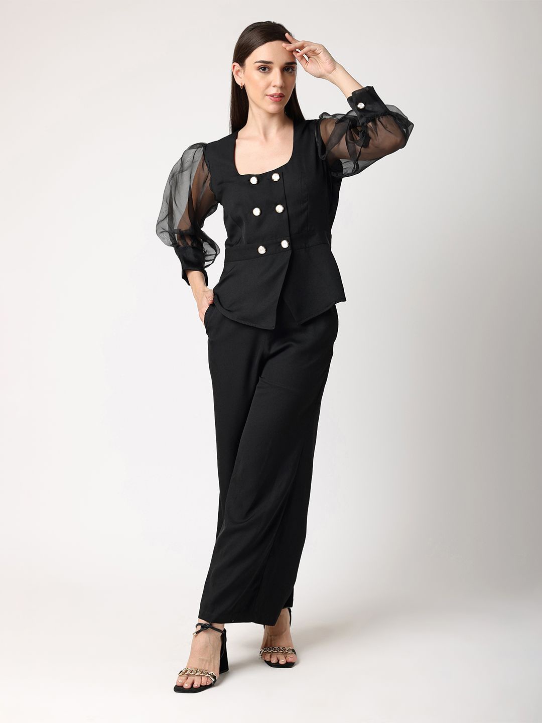

BLANC9 Scoop Neck Top With Flared Trousers, Black