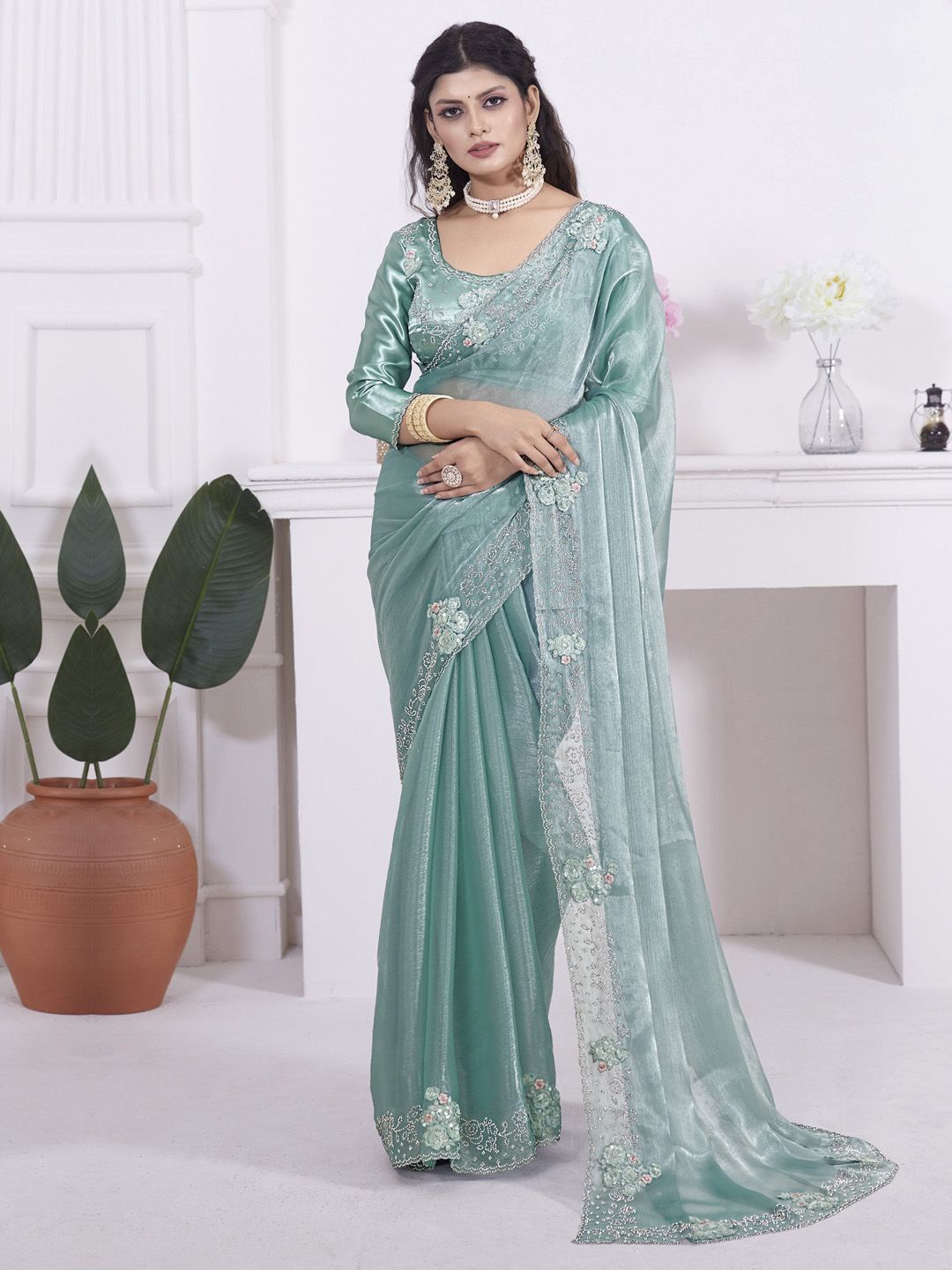 

Anouk Women Beads and Stones Saree With Embellished Border, Teal