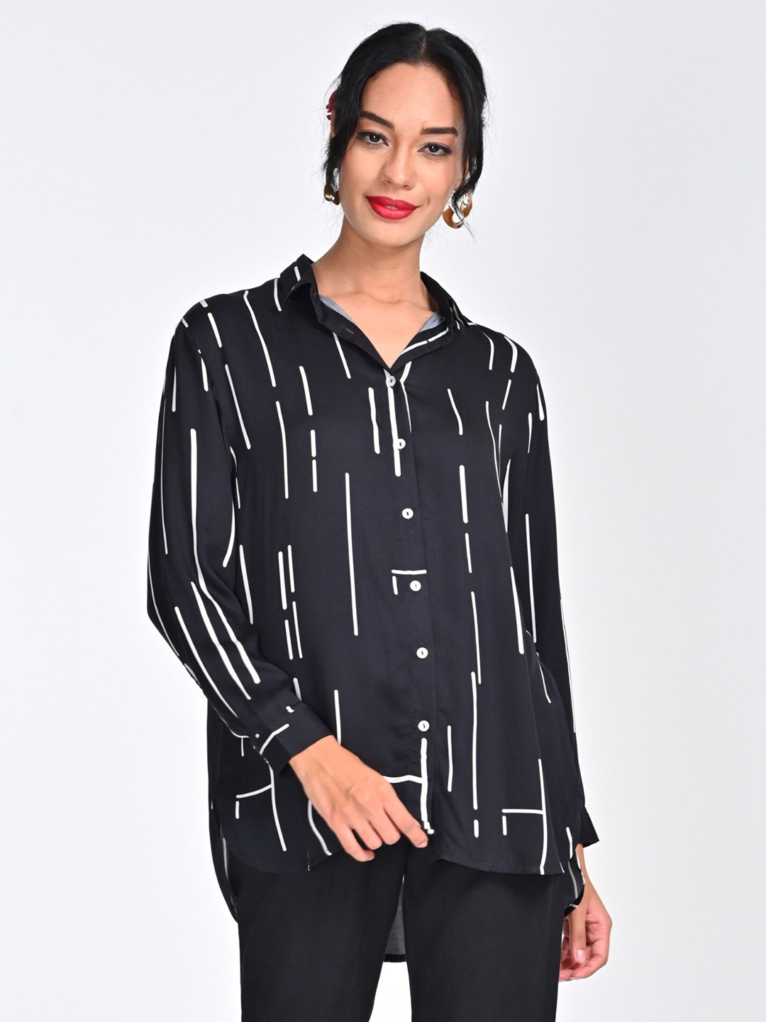 

Saltpetre Women Relaxed Button-Down Collar Abstract Printed Relaxed Fit Casual Shirt, Black