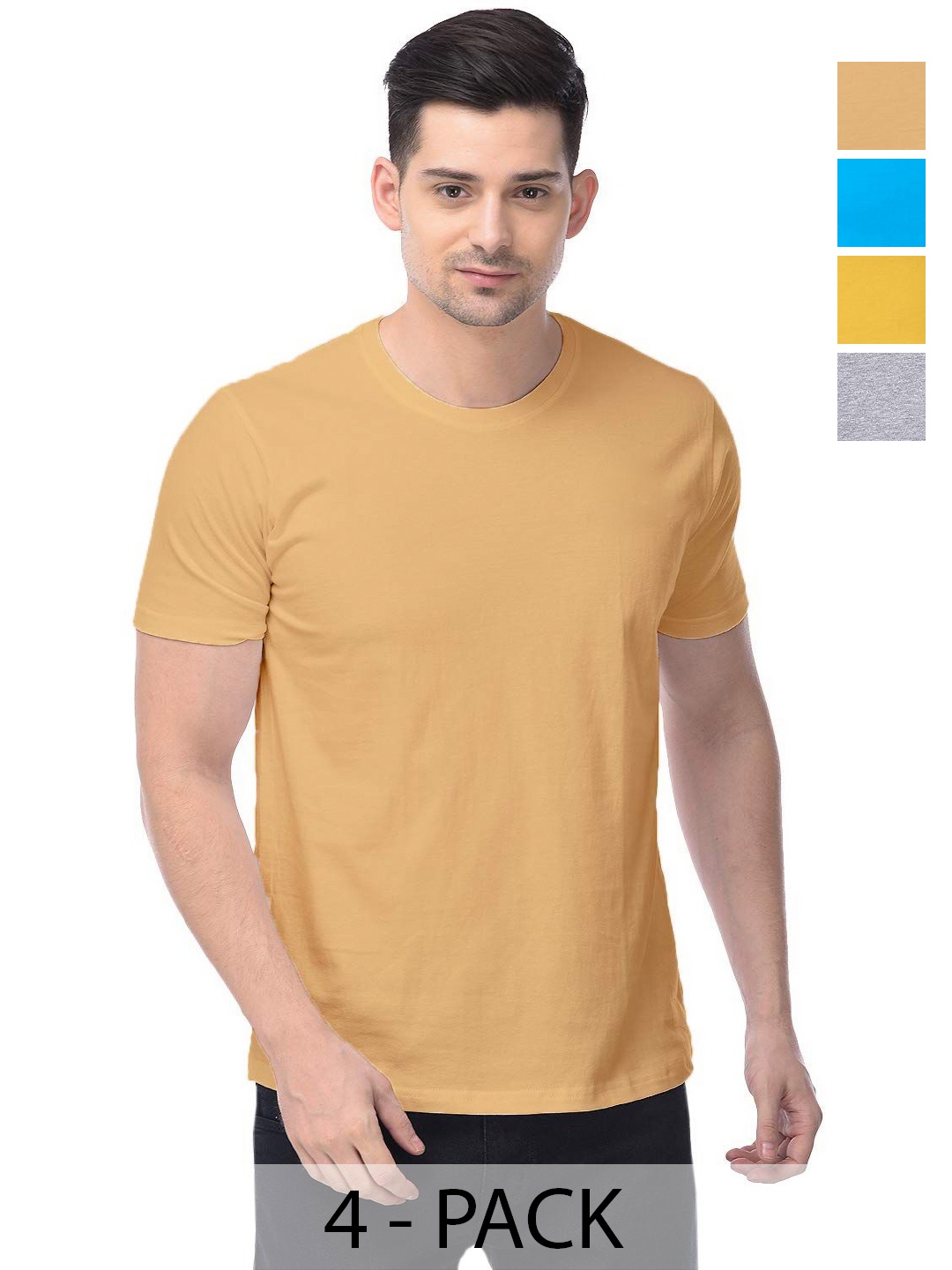 

COLOR CAPITAL Unisex Pack Of 4 Solid Round Neck Cotton T-shirts, Mustard