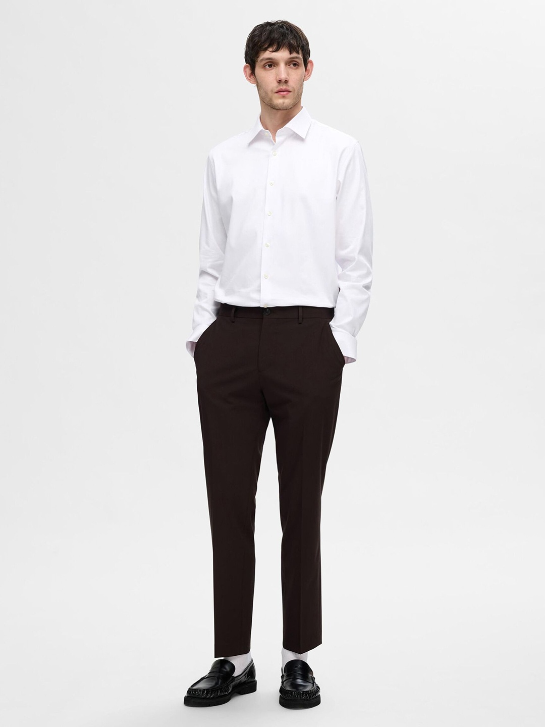 

SELECTED Men Spread Collar Solid Cotton Slim Fit Formal Shirt, White