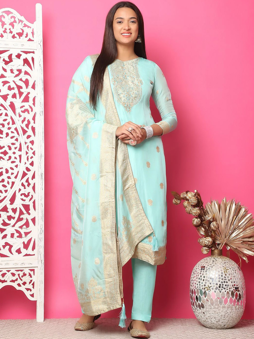 

Stylee LIFESTYLE Woven Design Mirror Work Silk Jacquard Unstitched Dress Material, Turquoise blue