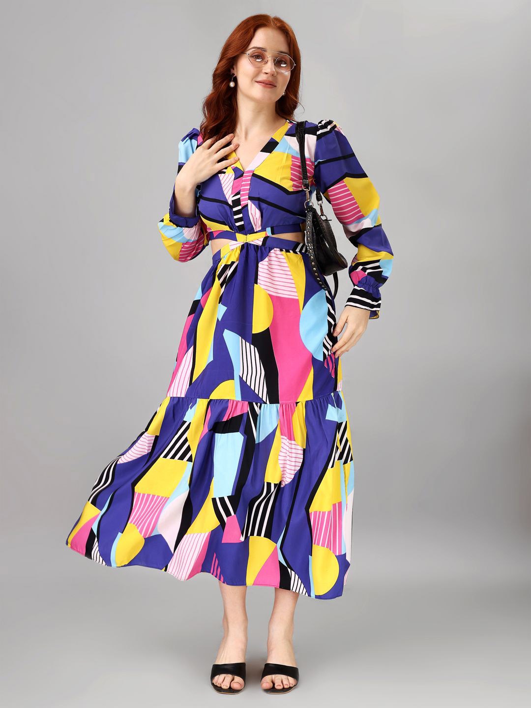 

Femvy Print Puff Sleeve Applique Crepe Fit & Flare Dress, Multi