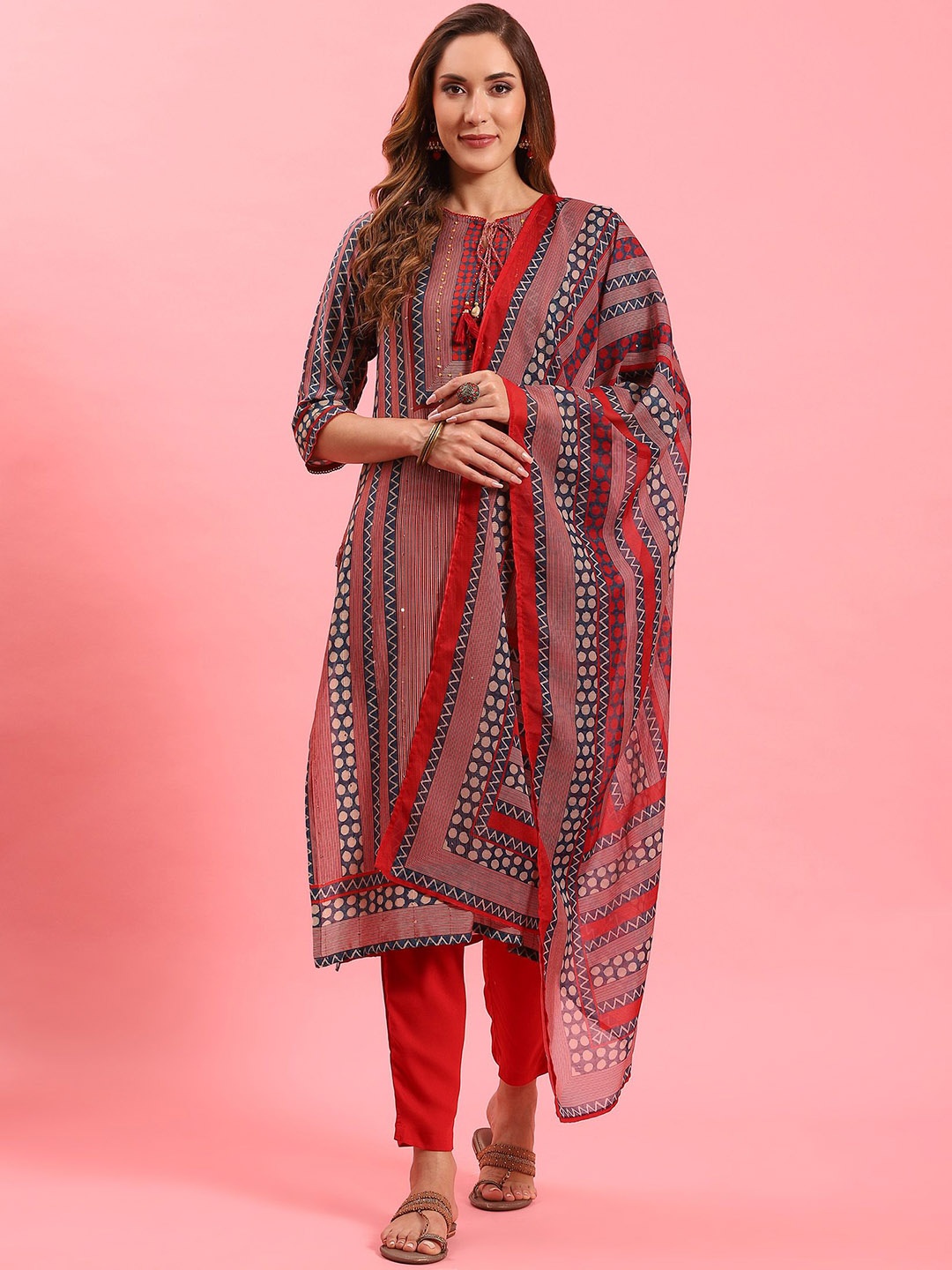 

Shree Geometric Printed Straight Kurta with Trousers & Dupatta, Red