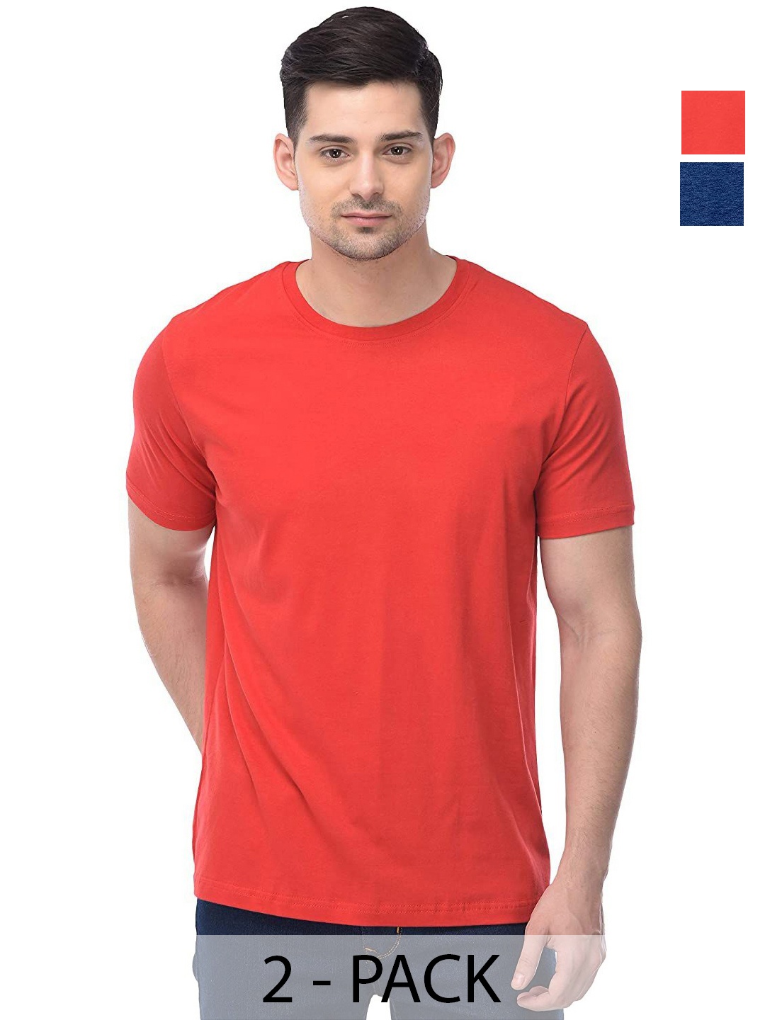 

COLOR CAPITAL Unisex Pack Of 2 Solid Round Neck Cotton T-shirts, Red