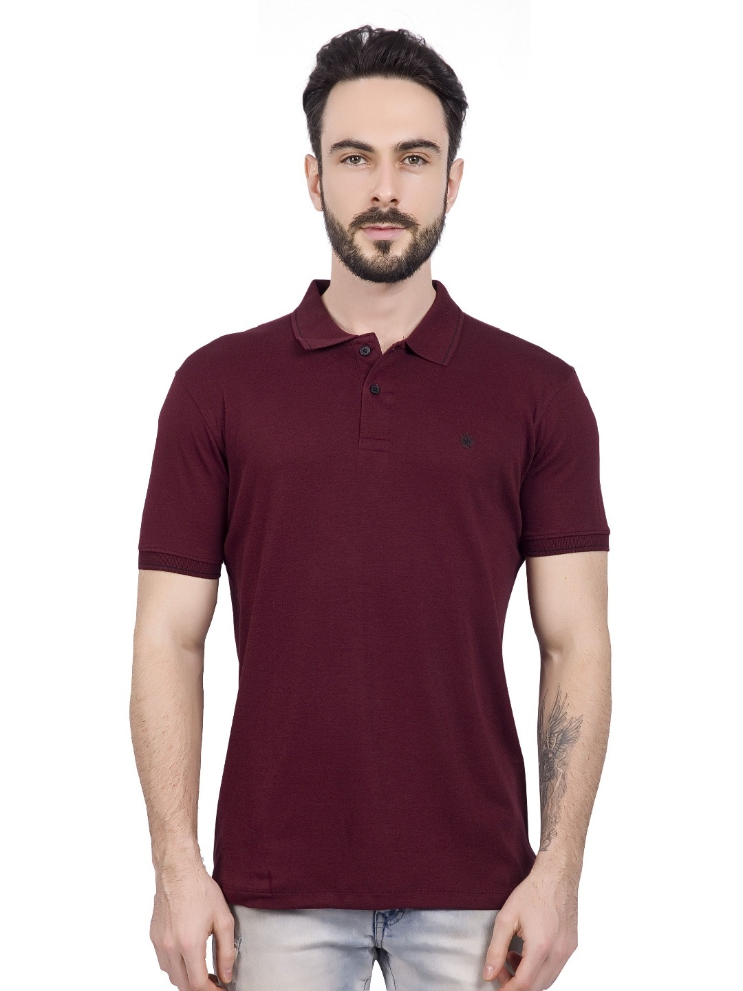 

KAEZRI Men Solid Polo Collar Cotton T-shirt, Maroon