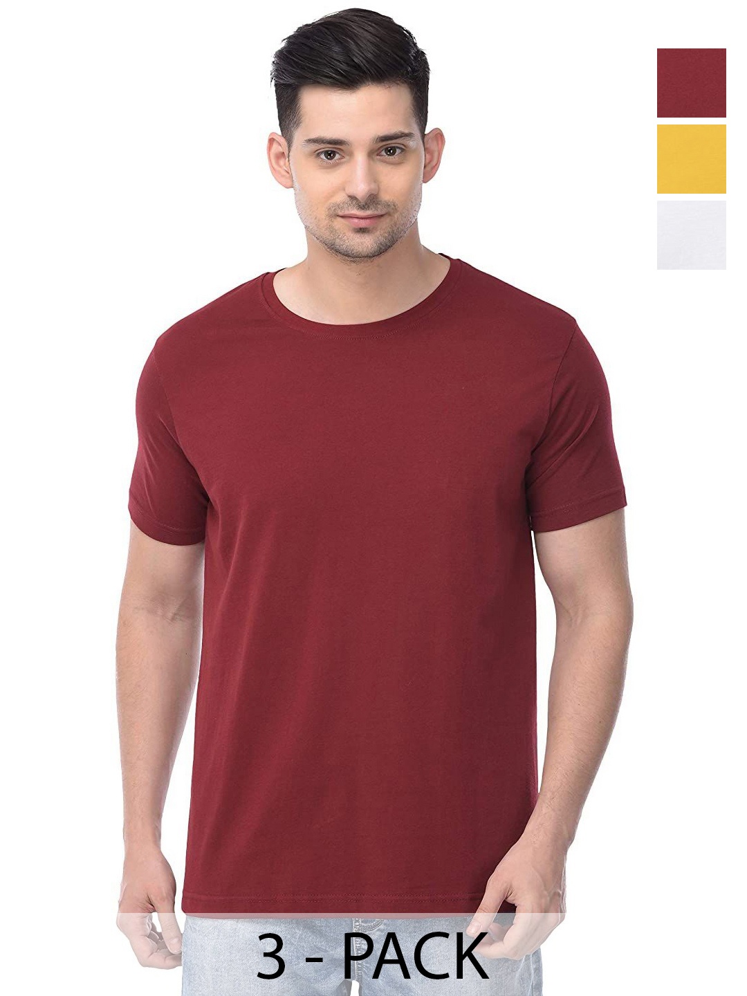 

COLOR CAPITAL Unisex Pack Of 3 Solid Round Neck Cotton T-shirts, Maroon