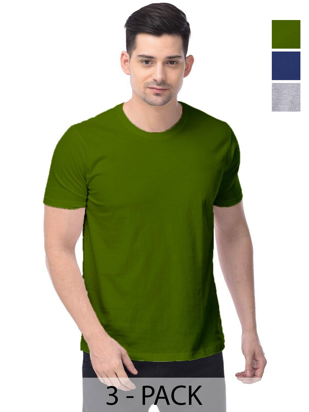 

COLOR CAPITAL Unisex Pack Of 3 Solid Round Neck Cotton T-shirts, Olive