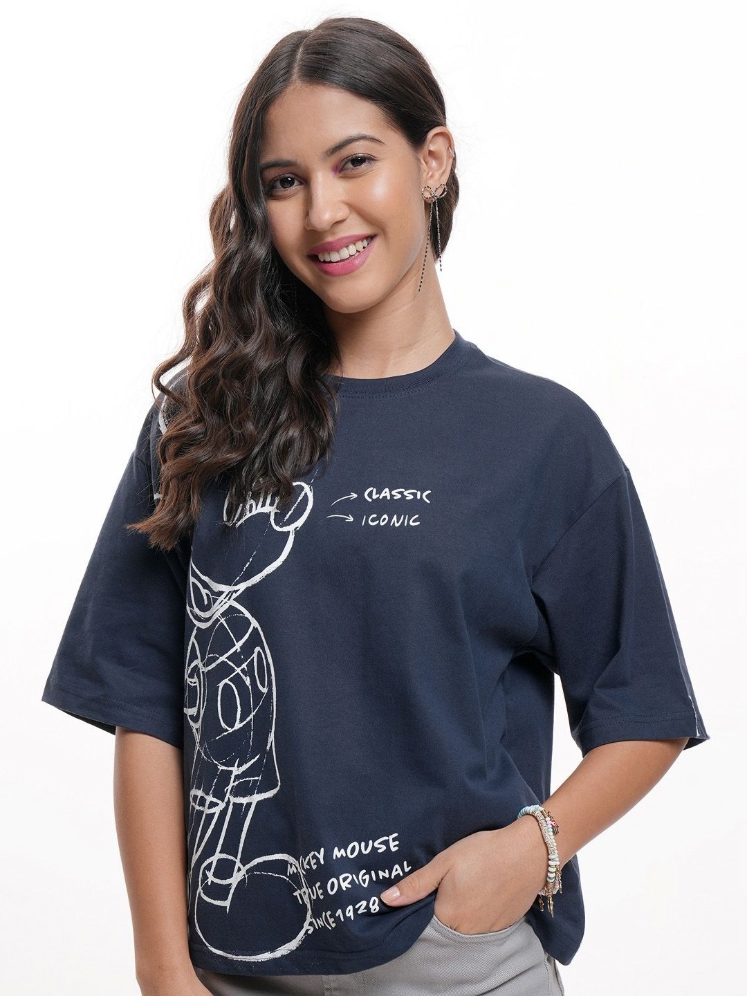 

Tokyo Talkies Women Disney Mickey Mouse Printed Oversized Cotton Tshirt, Navy blue