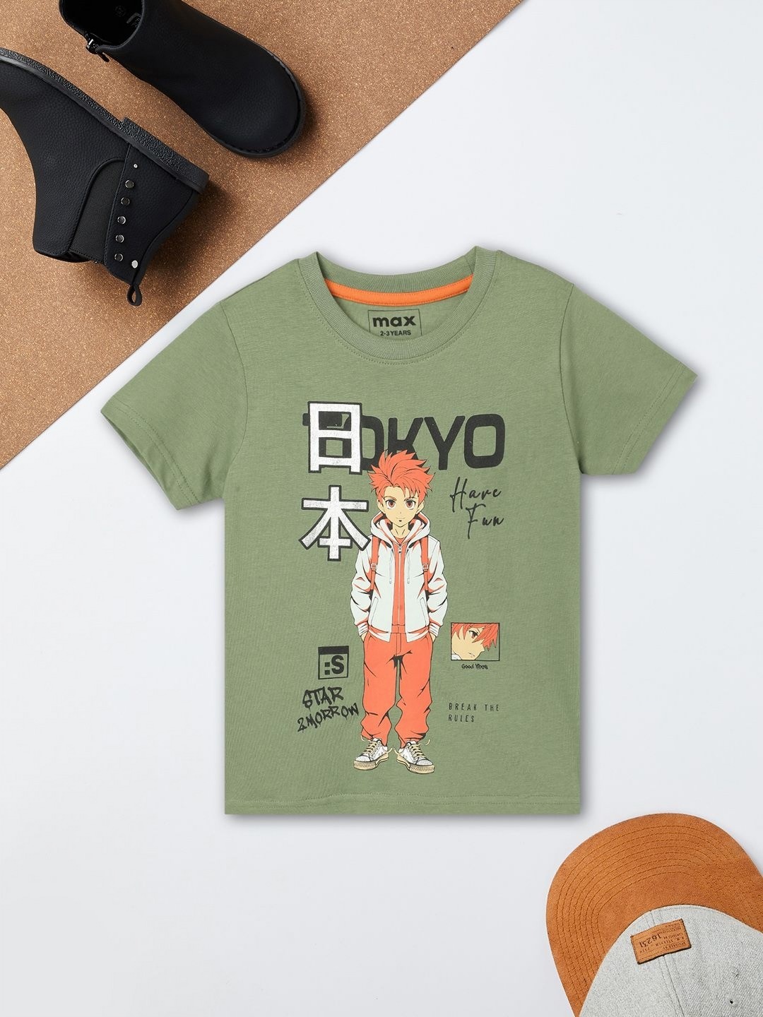 

max Boys Graphic Printed Round Neck Cotton T-shirt, Green