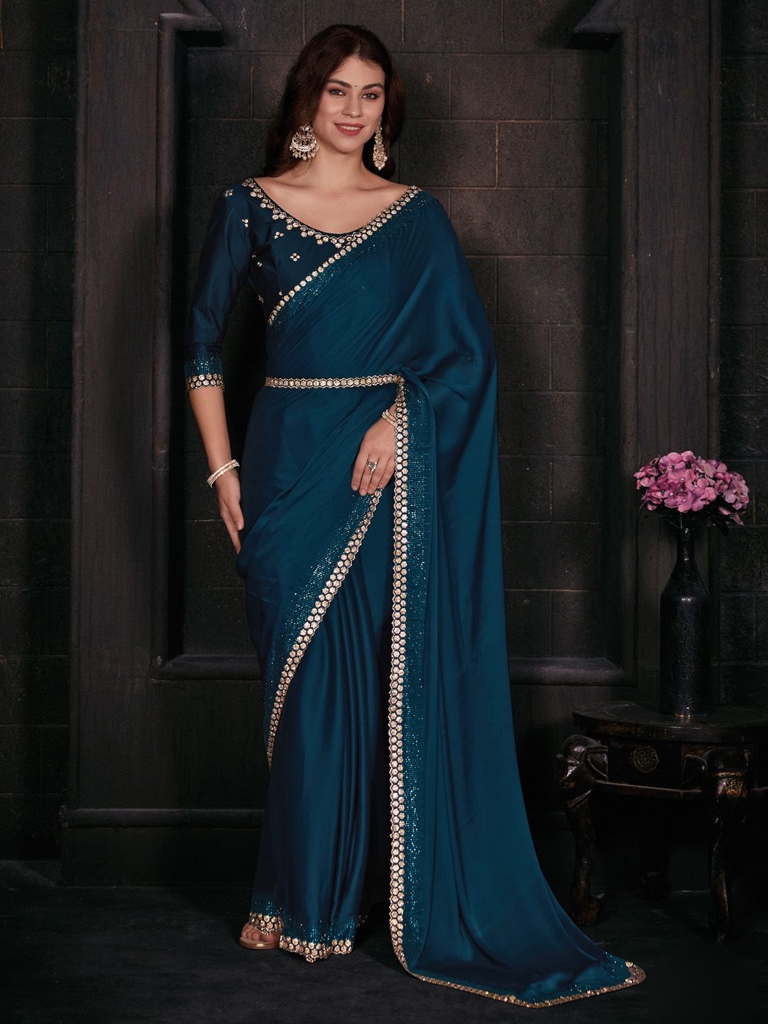 

Anouk Beads and Stones Embellished Solid Satin Saree, Teal