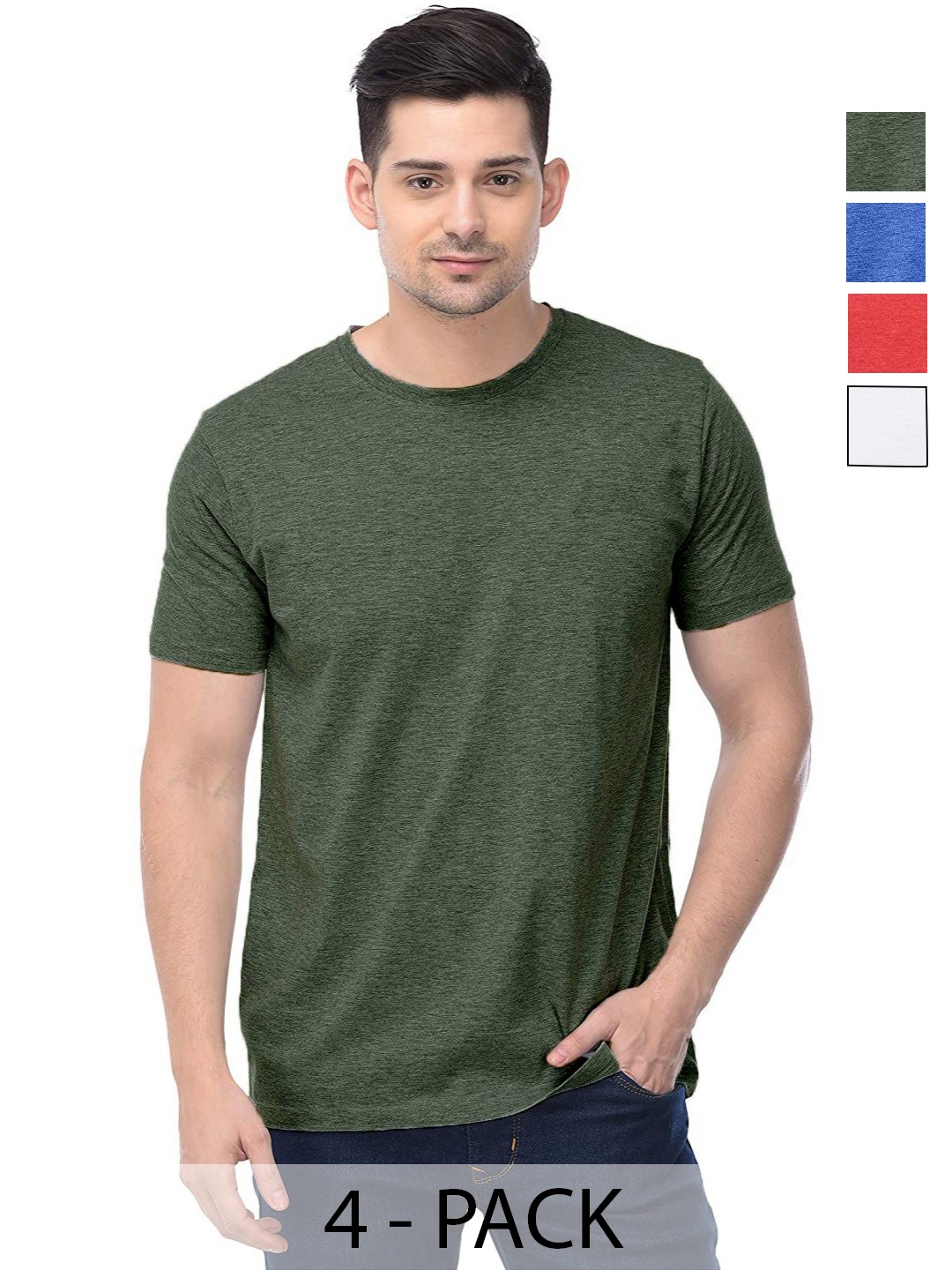 

COLOR CAPITAL Unisex Pack Of 4 Solid Round Neck Cotton T-shirts, Olive