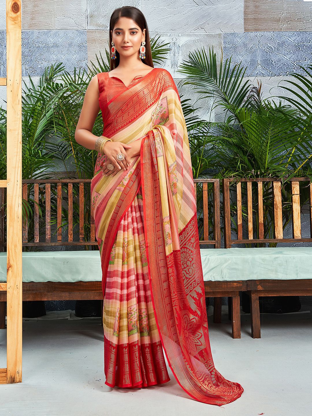 

KALINI Women Floral Printed Pure Chiffon Dabu Saree, Red