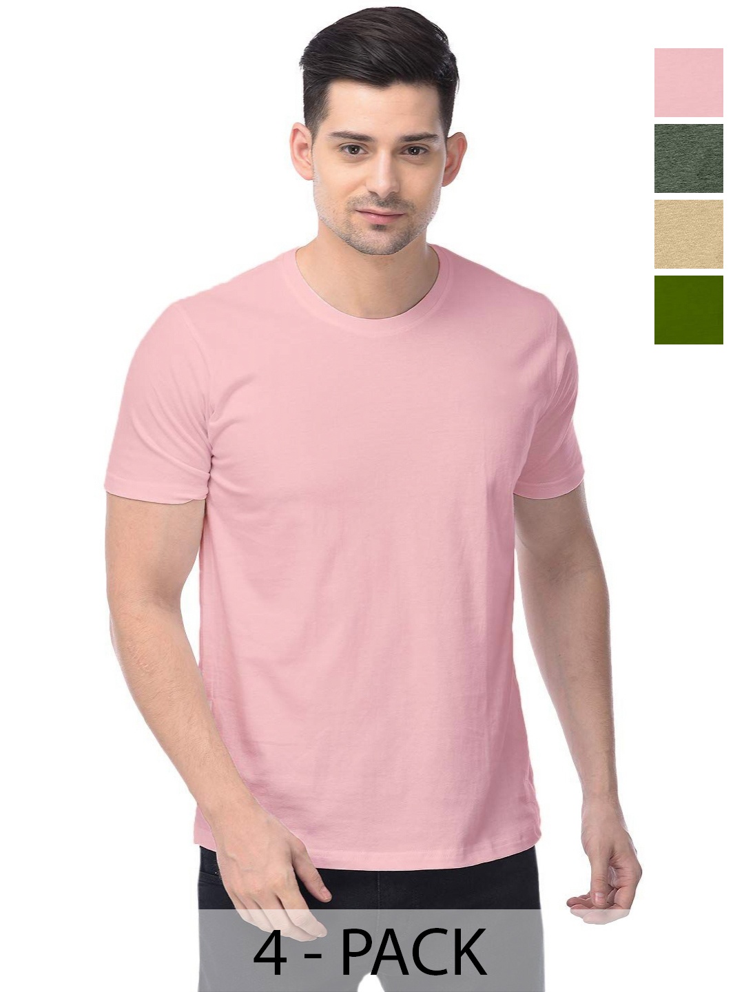 

COLOR CAPITAL Unisex Pack Of 4 Solid Round Neck Cotton T-shirts, Pink