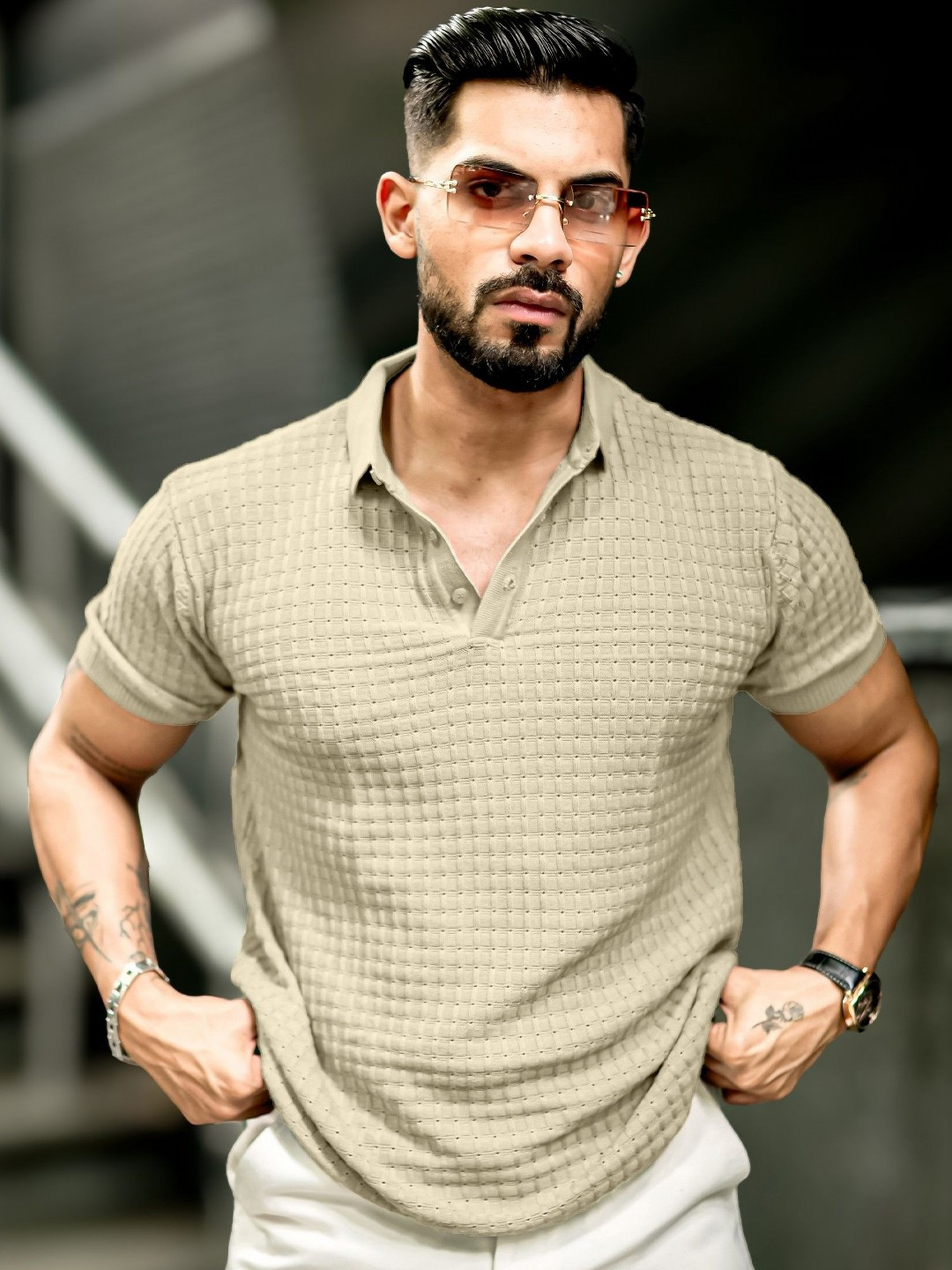 

Maniac Men Self Design Polo Collar Cotton Slim Fit T-shirt, Beige