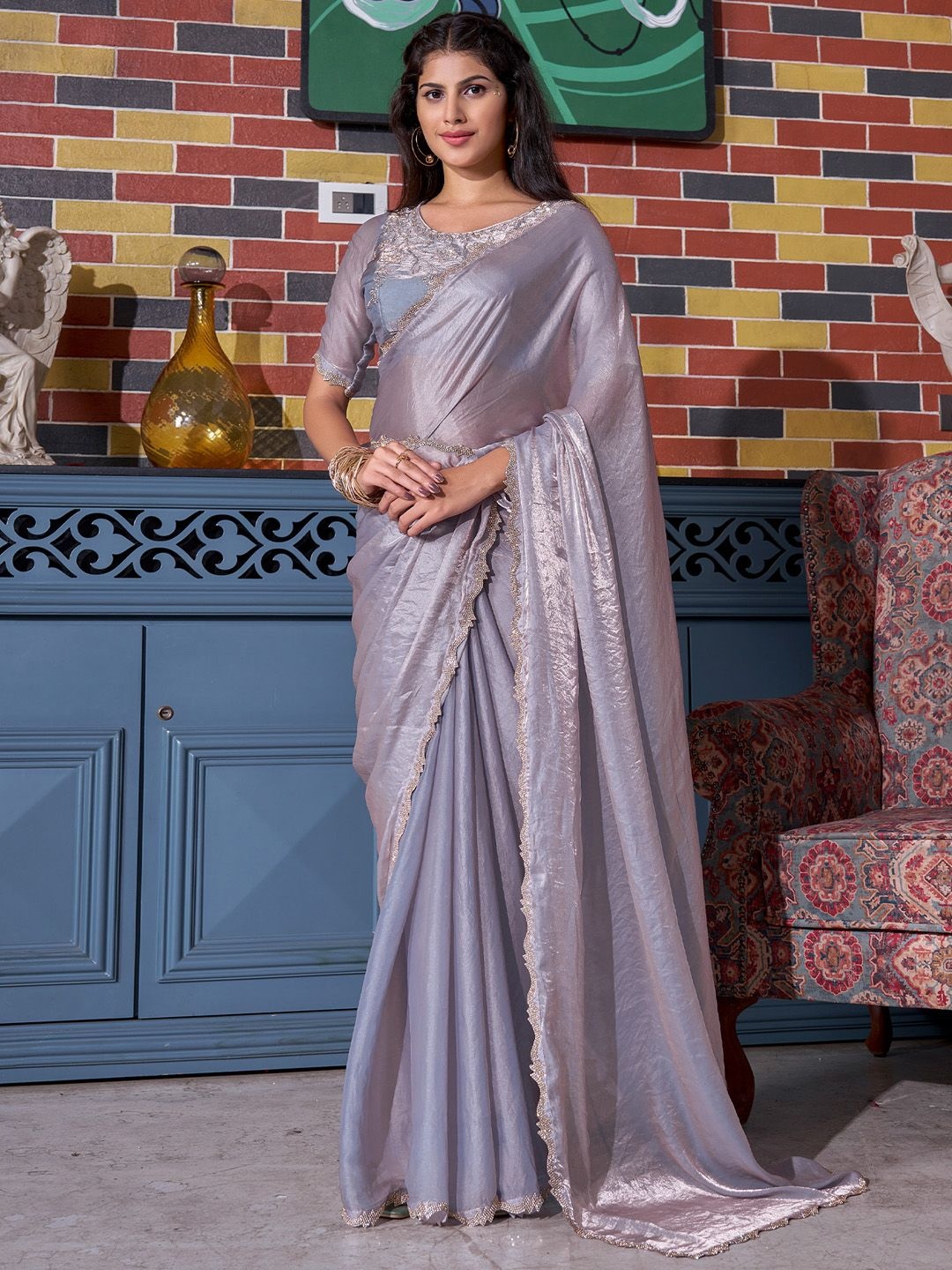 

Anouk Beads and Stones Pure Chiffon Saree, Lavender