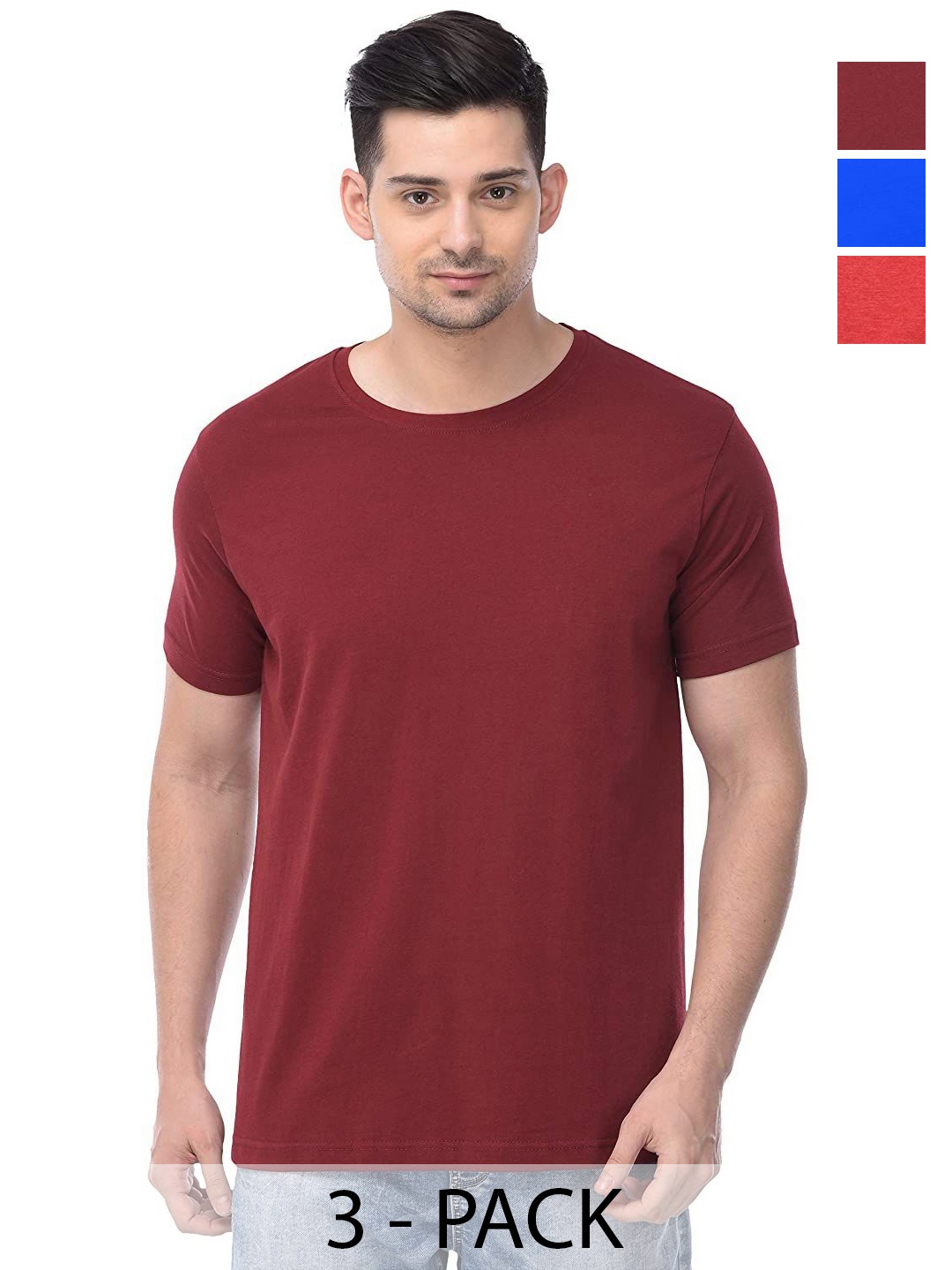 

COLOR CAPITAL Unisex Pack Of 3 Solid Round Neck Cotton T-shirts, Maroon