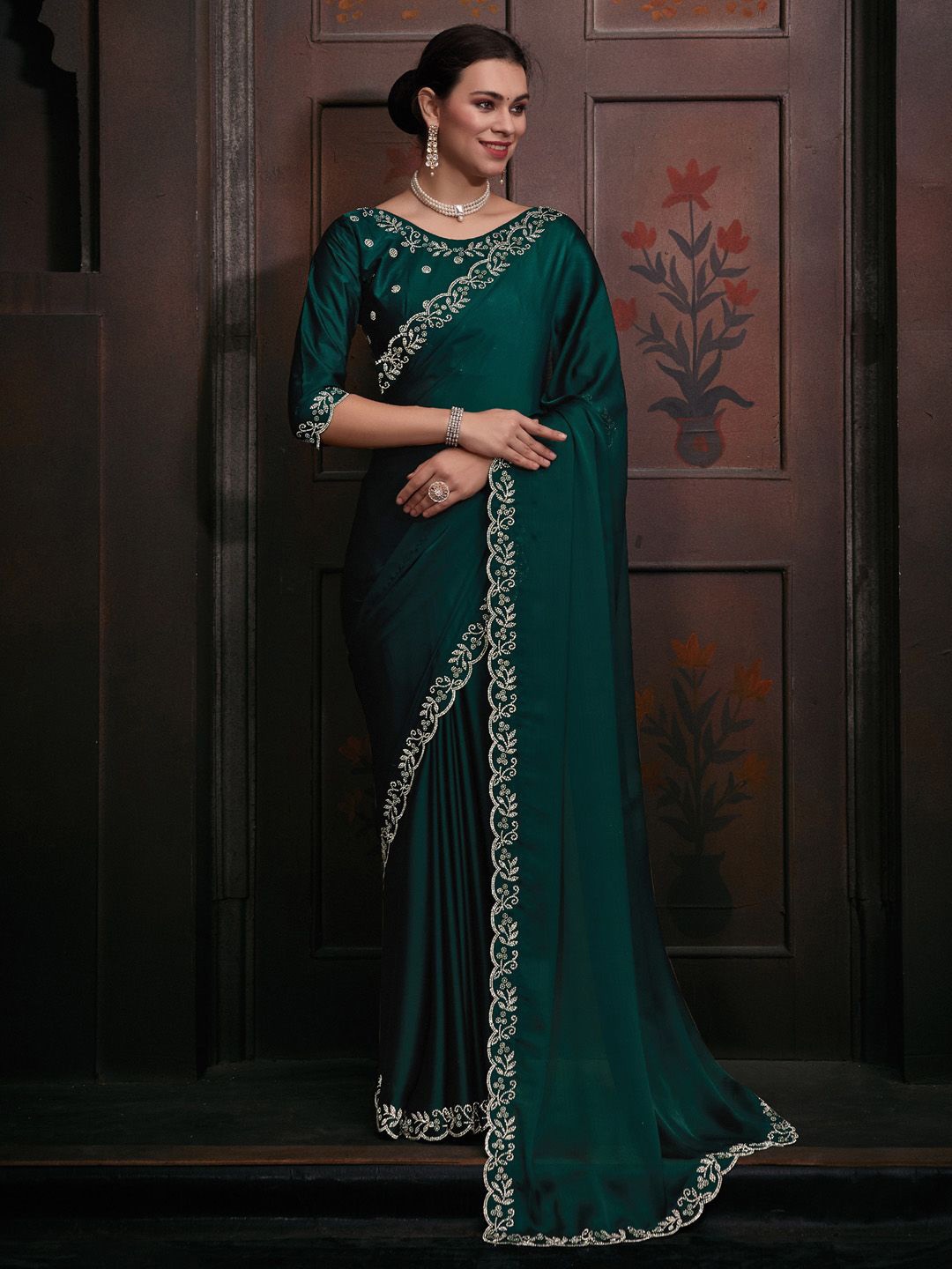 

Anouk Beads and Stones Saree, Teal