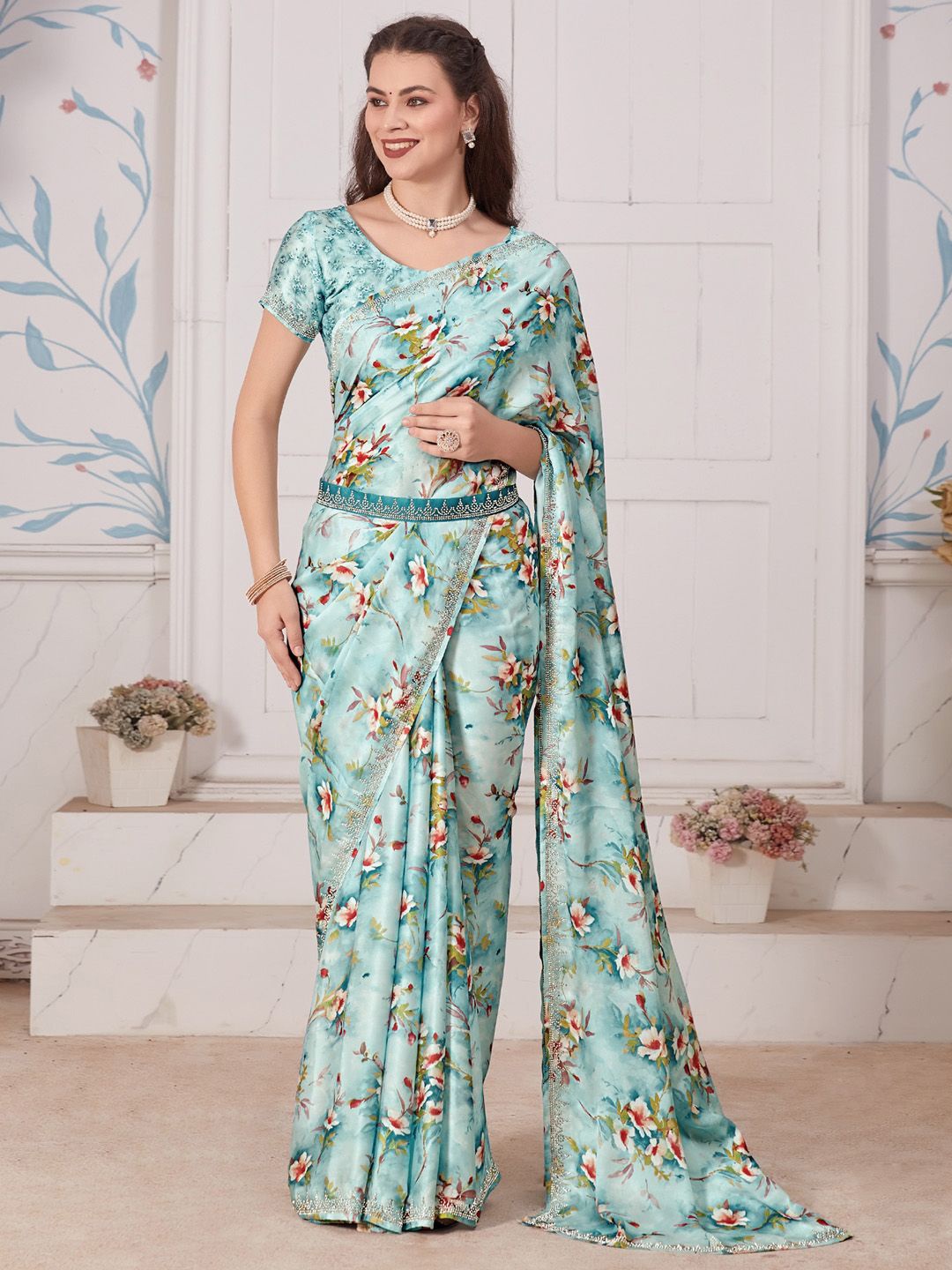 

Anouk Floral Beads and Stones Satin Designer Saree, Turquoise blue