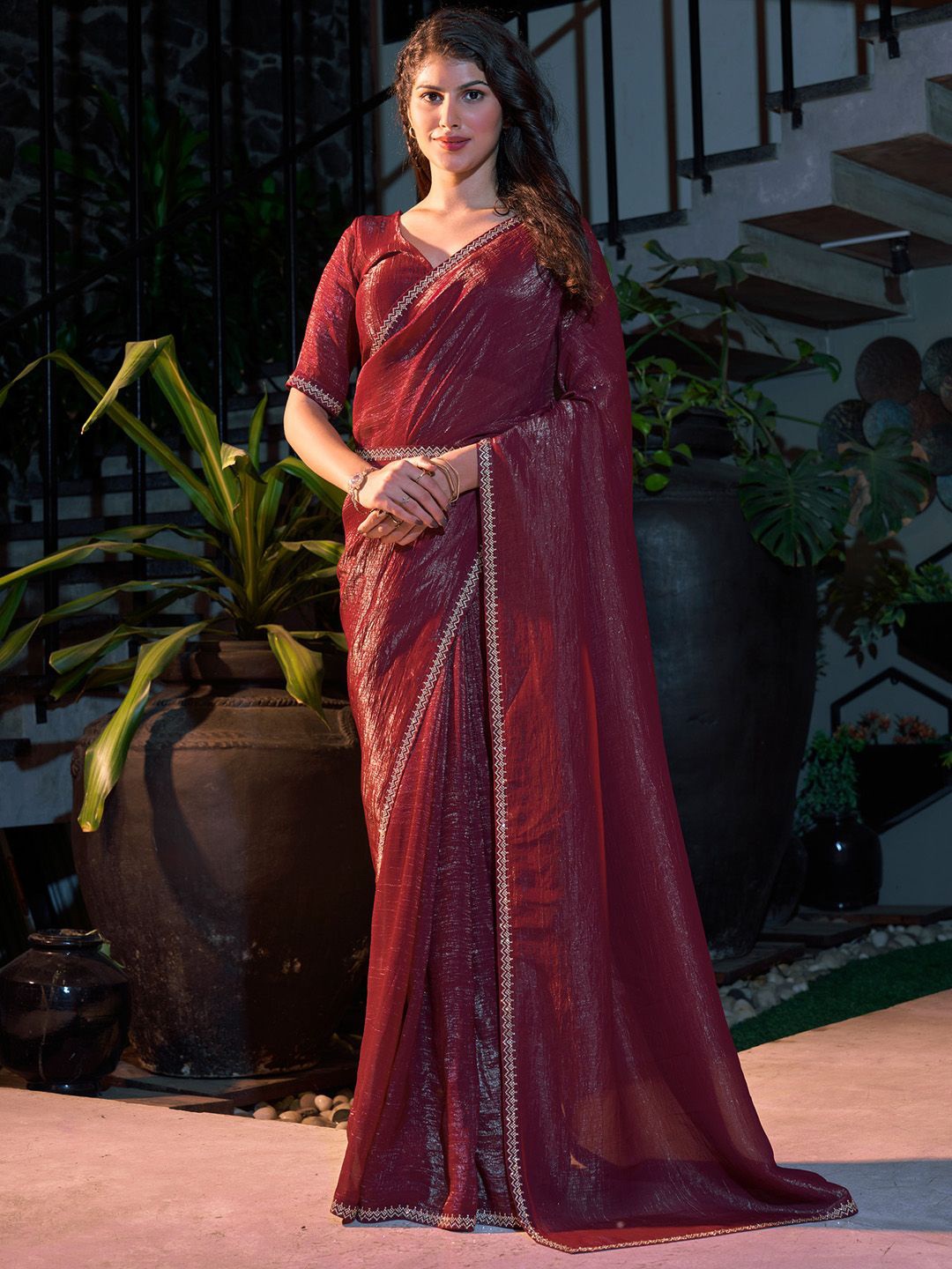 

Anouk Beads and Stones Pure Chiffon Designer Saree, Maroon